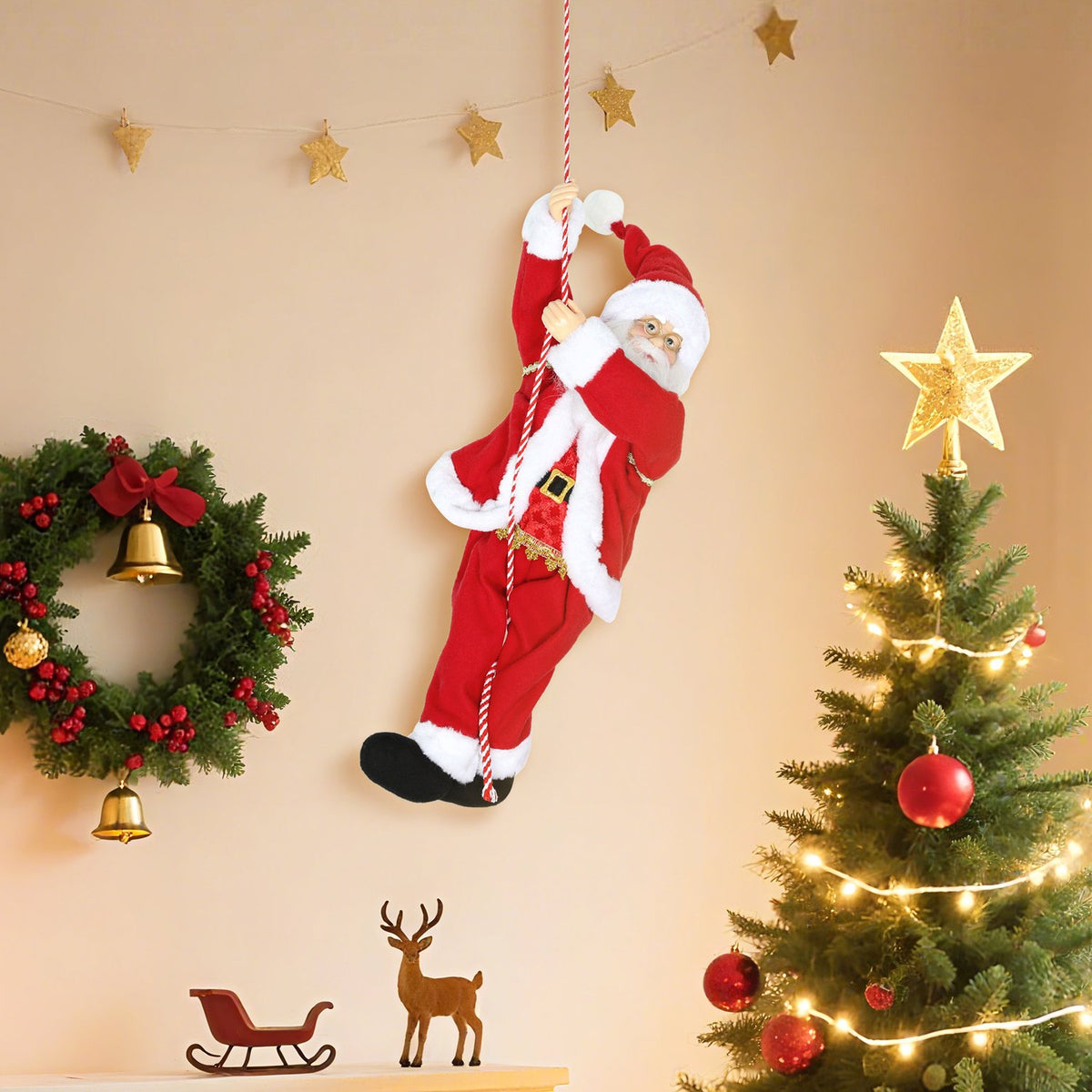 Klimmende zingende kerstman van 60 cm met cadeau en geluid