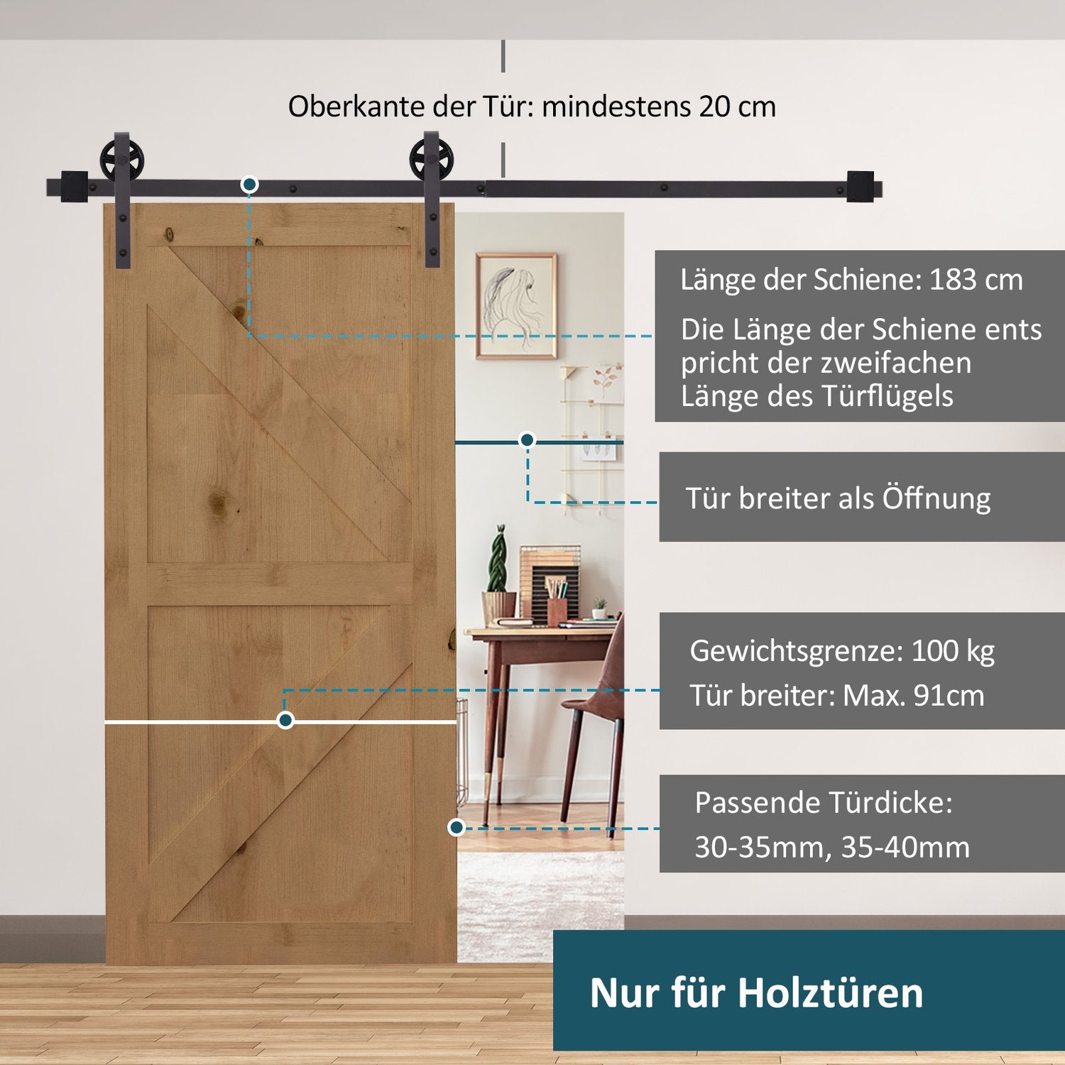 Skjutdörrsbeslagssats, 183 cm, Kolstål, Mörkbrun