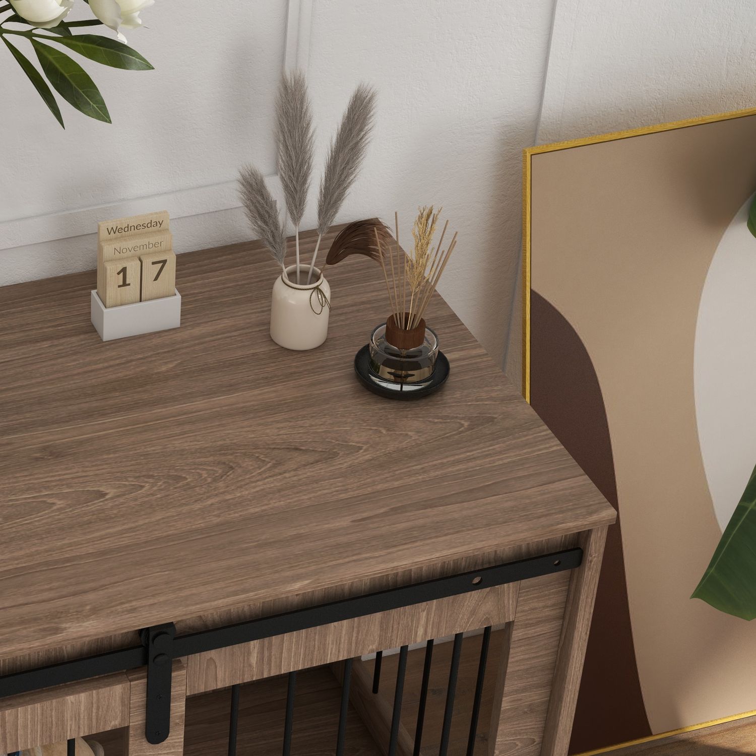 Skjutdörrshundbur – trälook, låsning, stor 30 kg