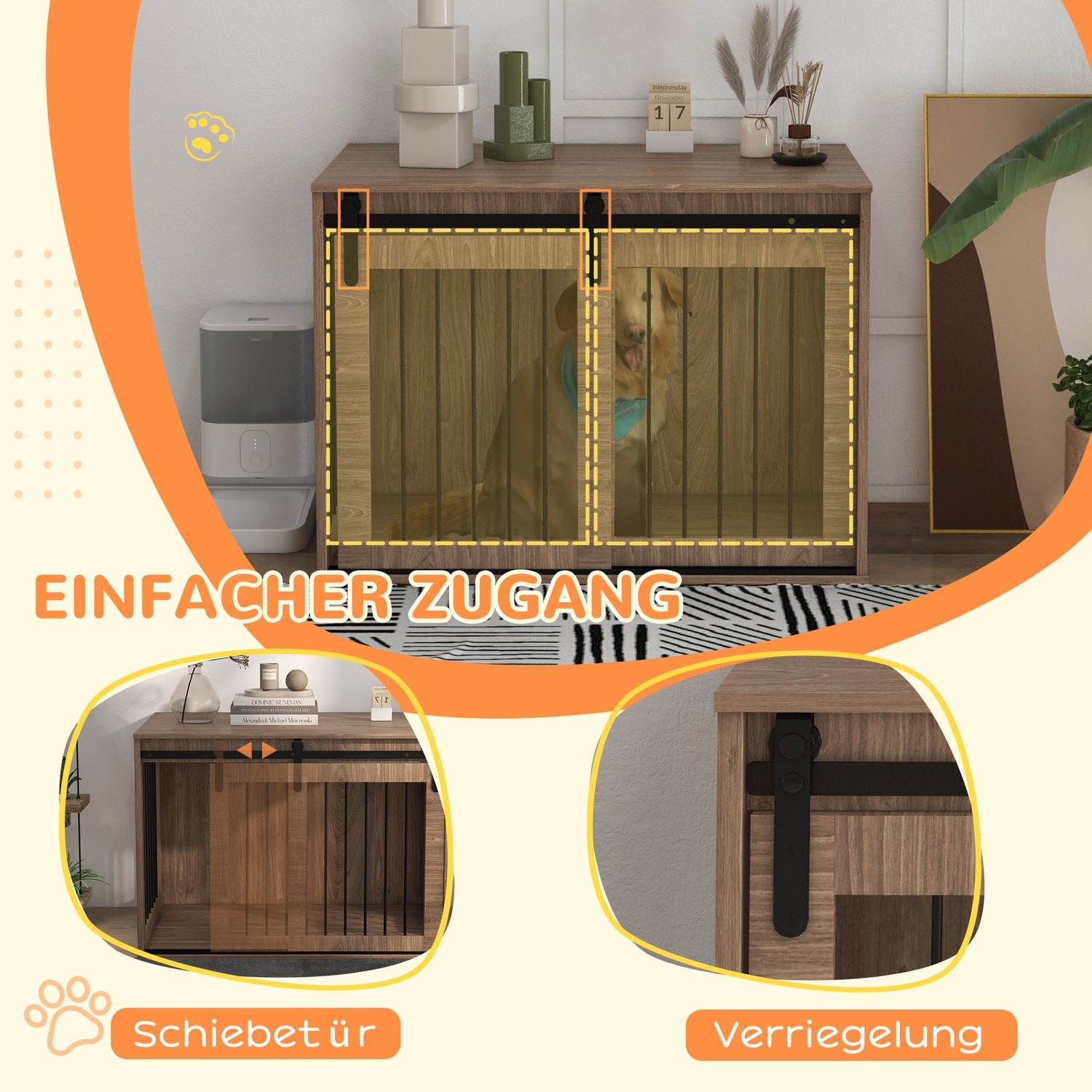 Skjutdörrshundbur – trälook, låsning, stor 30 kg