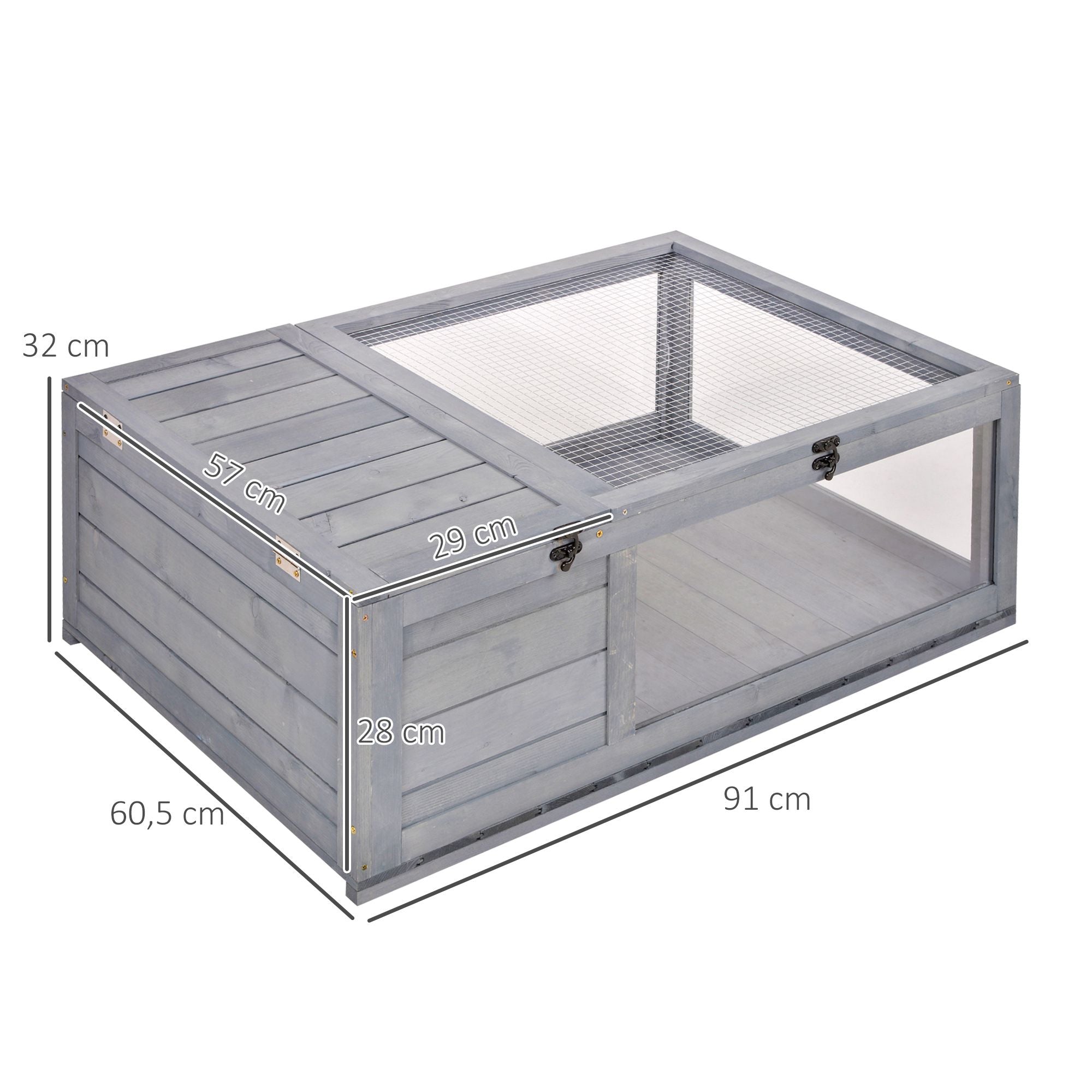 Sköldpaddshus i trä med gångjärnstak, 91x60,5x32 cm, grått