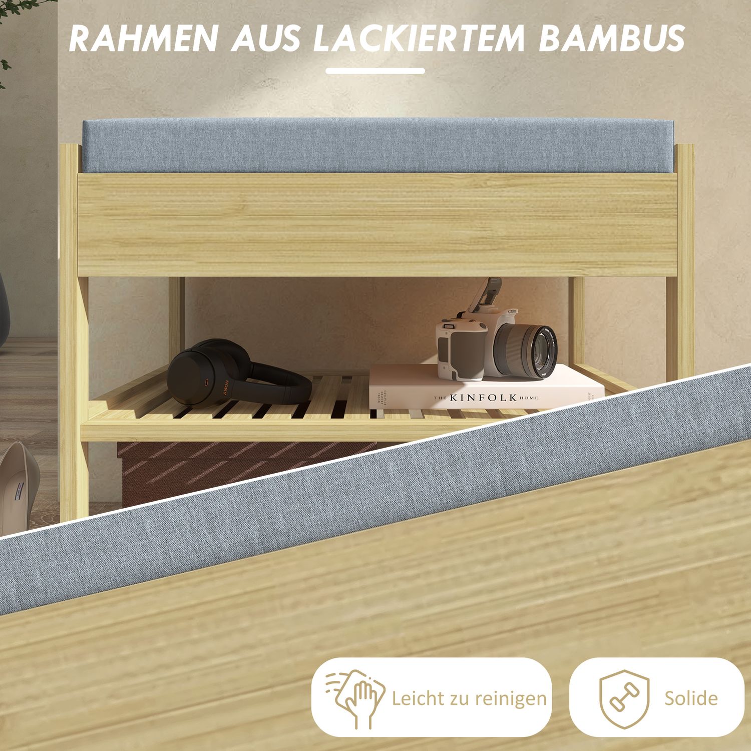 Bambu skobänk med låda, 2-våningsställ – 4 par