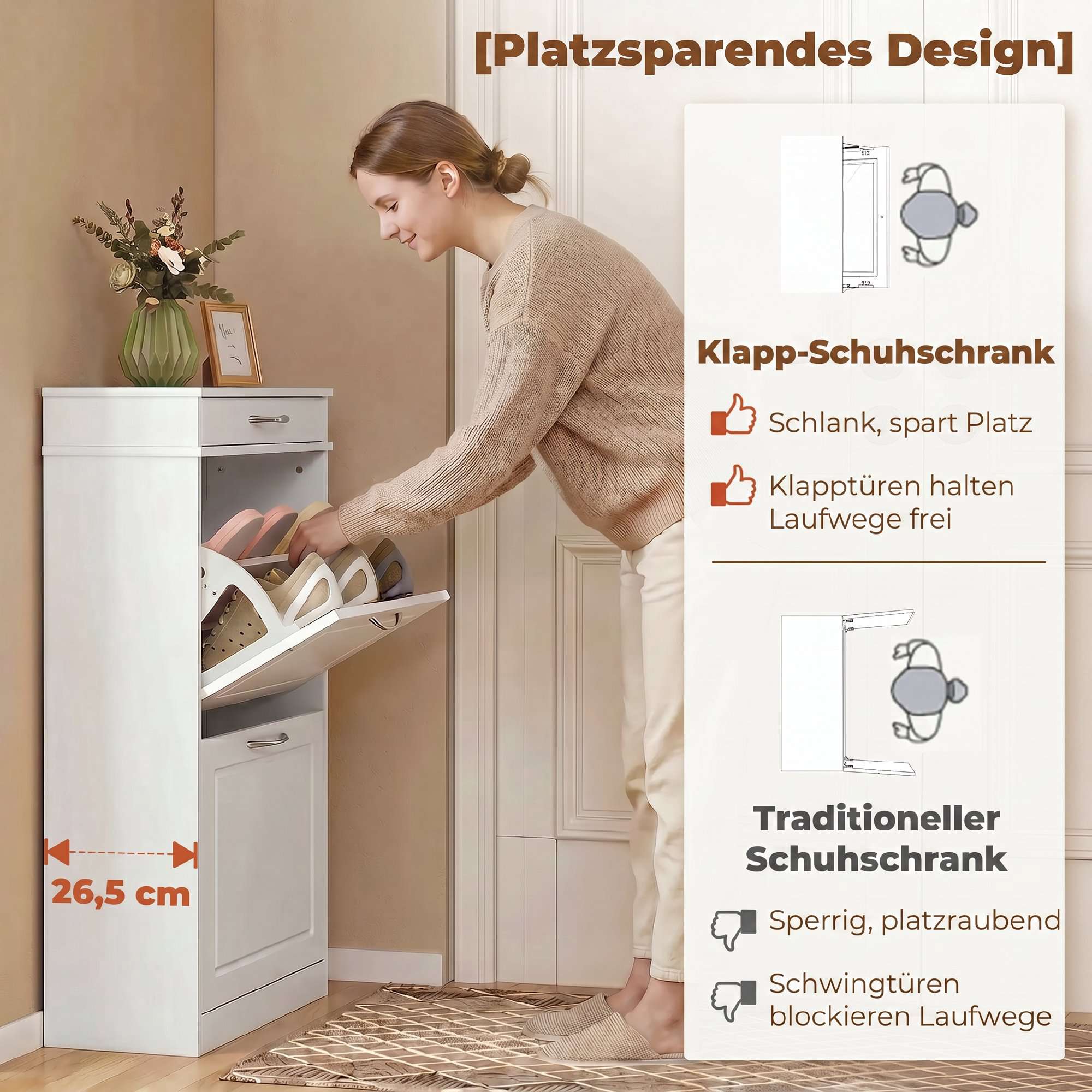 Skoskåp med 2 fällbara lådor och topplåda, vit