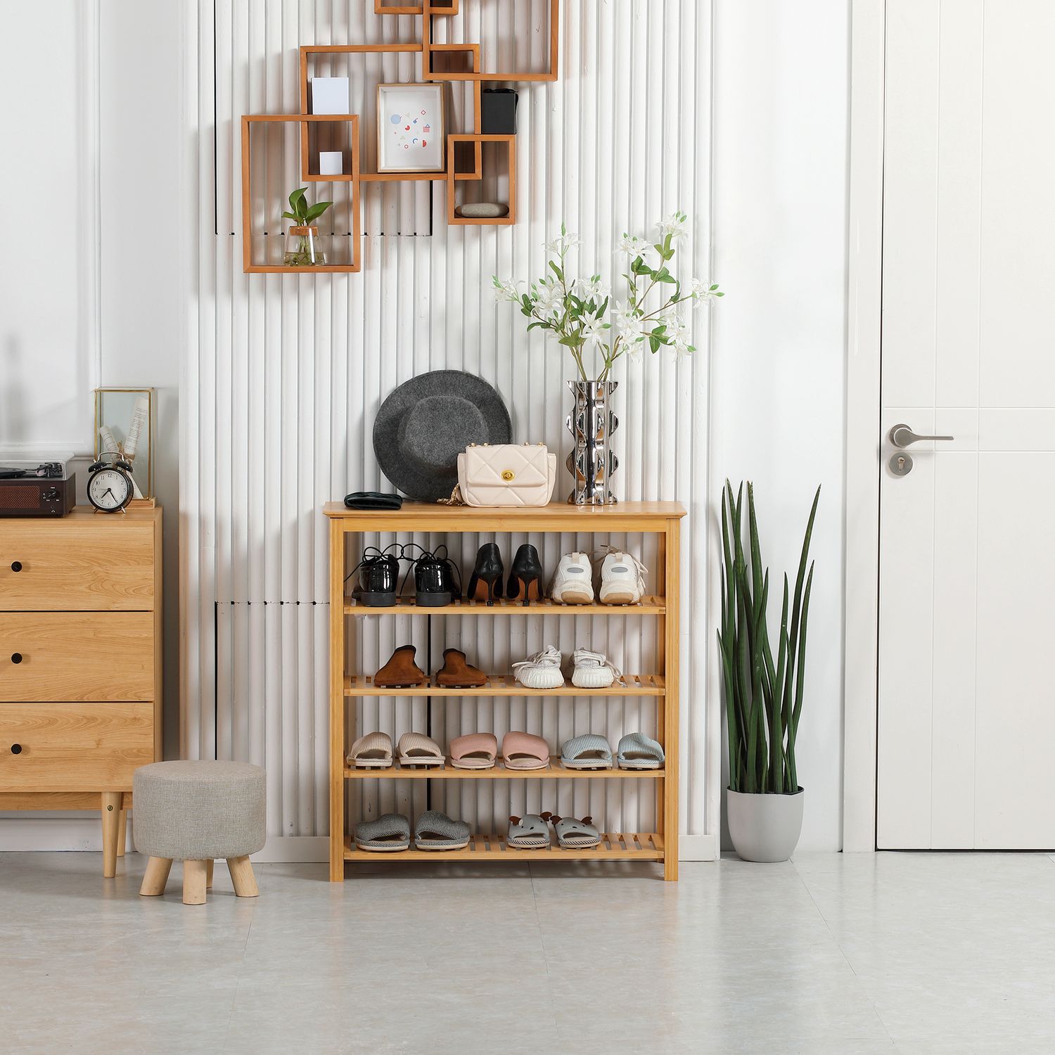 Skoställ i bambu – 5-lager, rymmer 20 par, naturlig finish