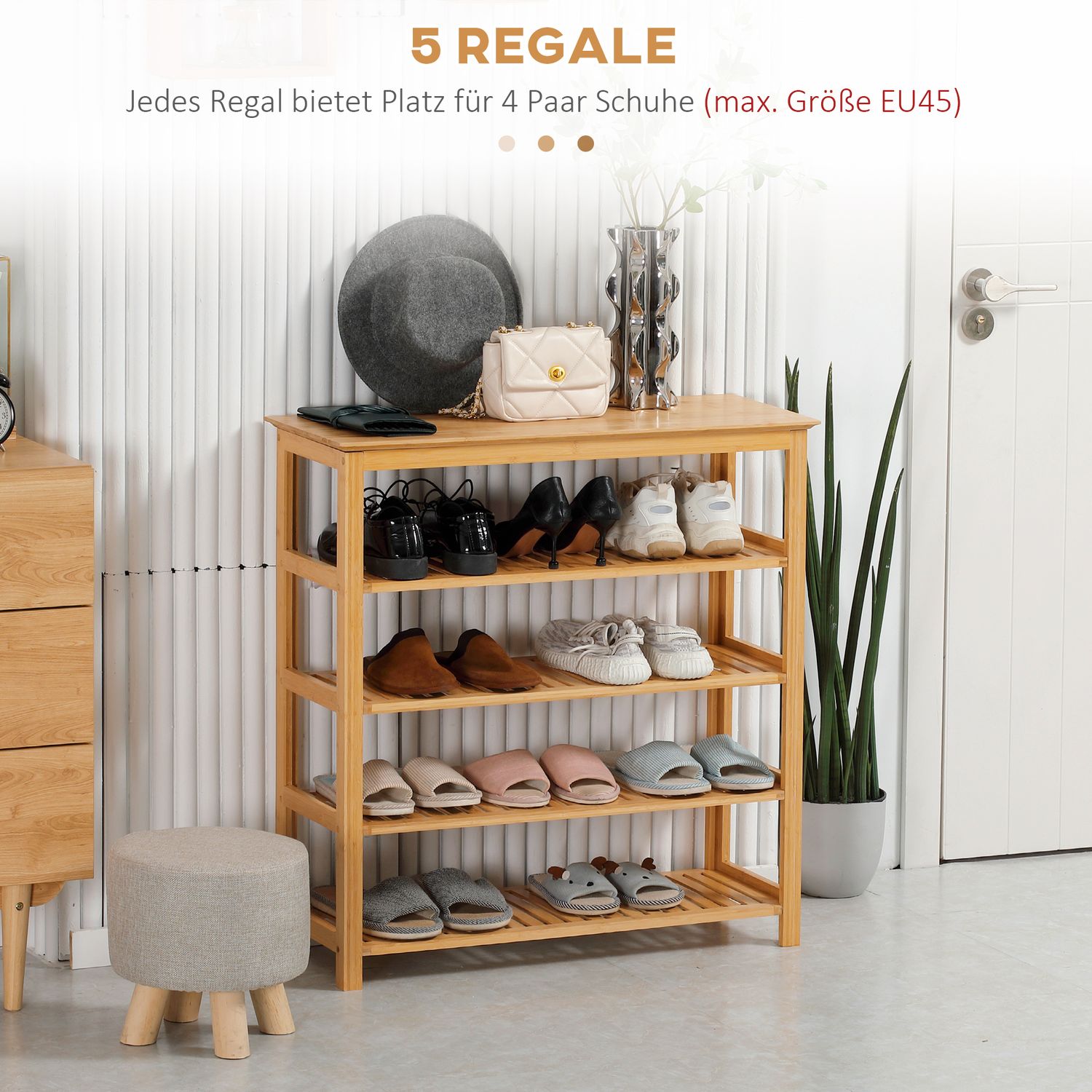 Skoställ i bambu – 5-lager, rymmer 20 par, naturlig finish