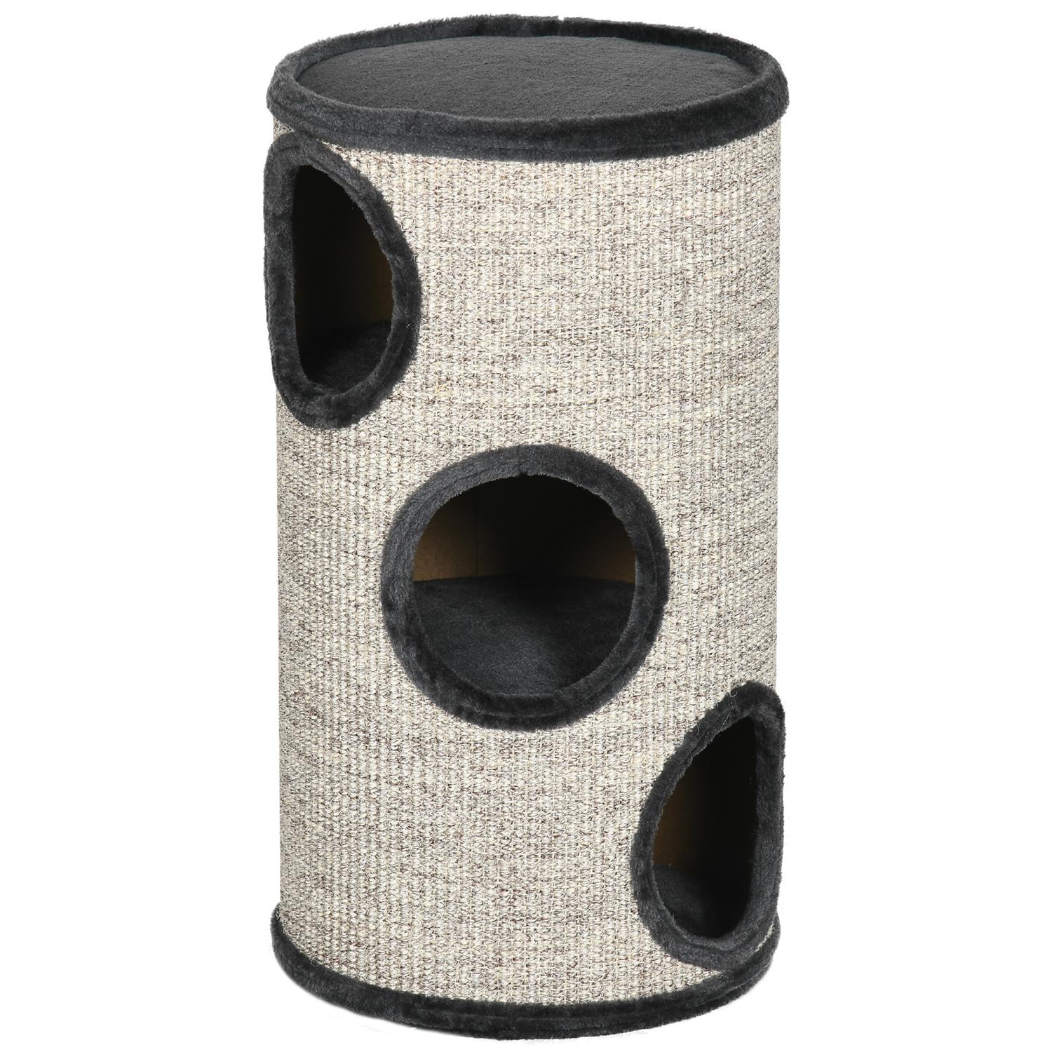 Cat Scratching Barrel med 3 sisal- och plyschgrottor, grå