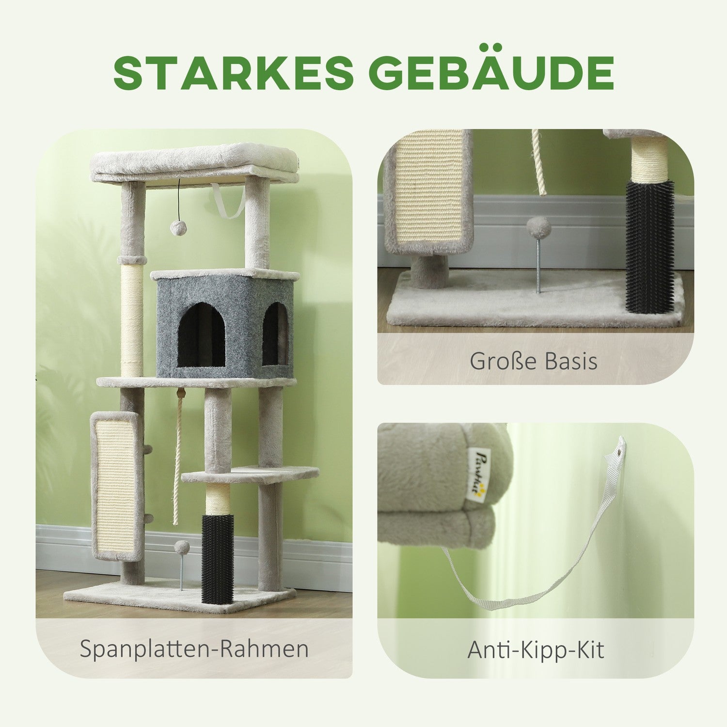 Kattträd med grotta, sisalstolpar & lekboll, 132 cm