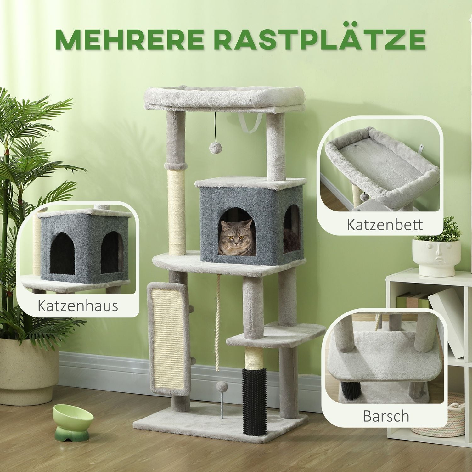 Kattträd med grotta, sisalstolpar & lekboll, 132 cm