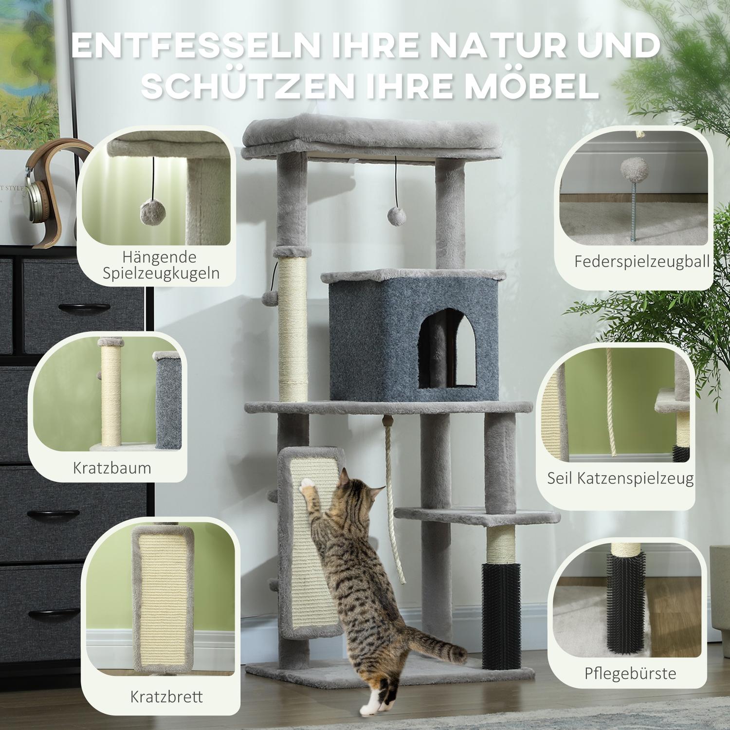 Kattträd med grotta, sisalstolpar & lekboll, 132 cm