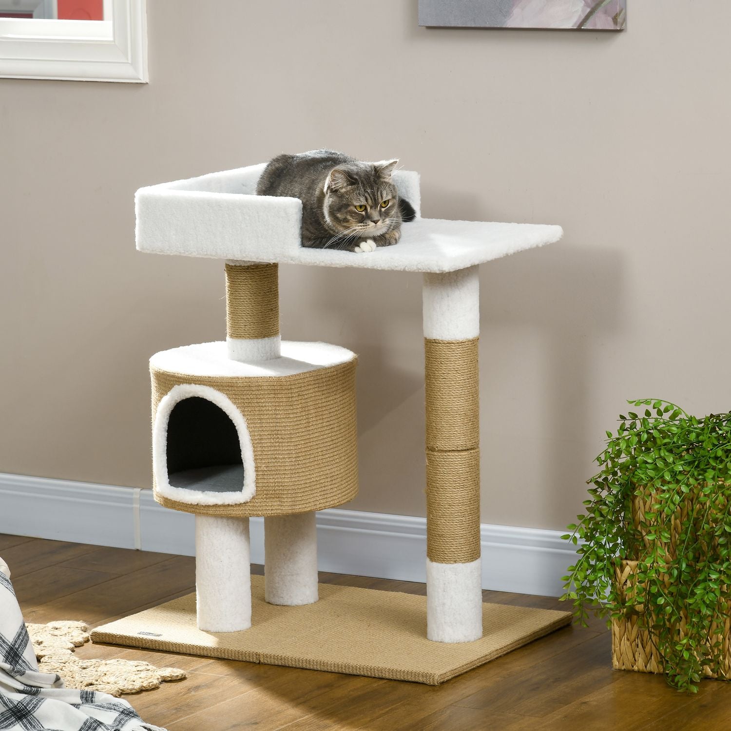 Kattträdskrapstolpe, 79 cm med grotta och säng, jute