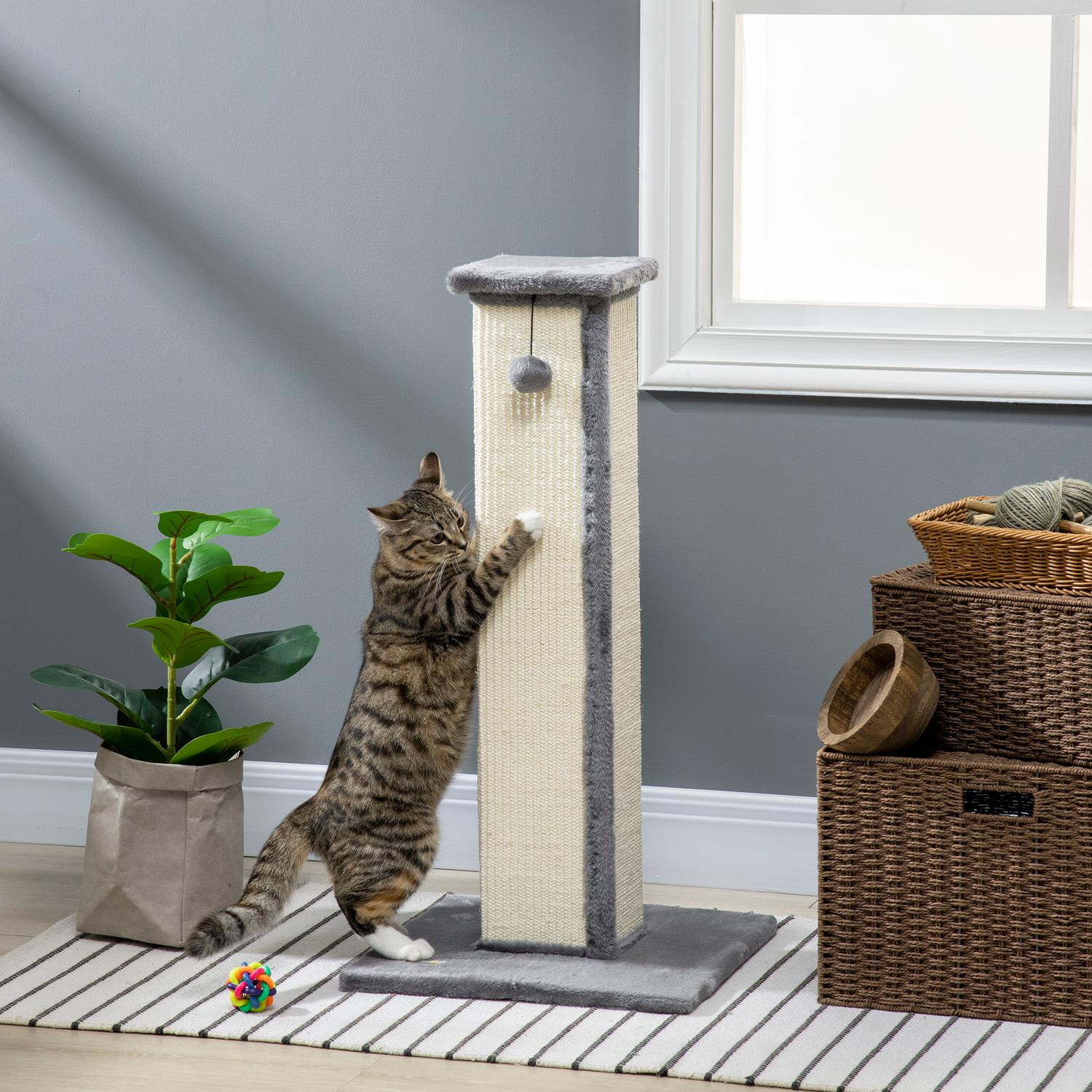 Kattskrapstolpe, 81 cm sisal, grå och kräm med lekboll