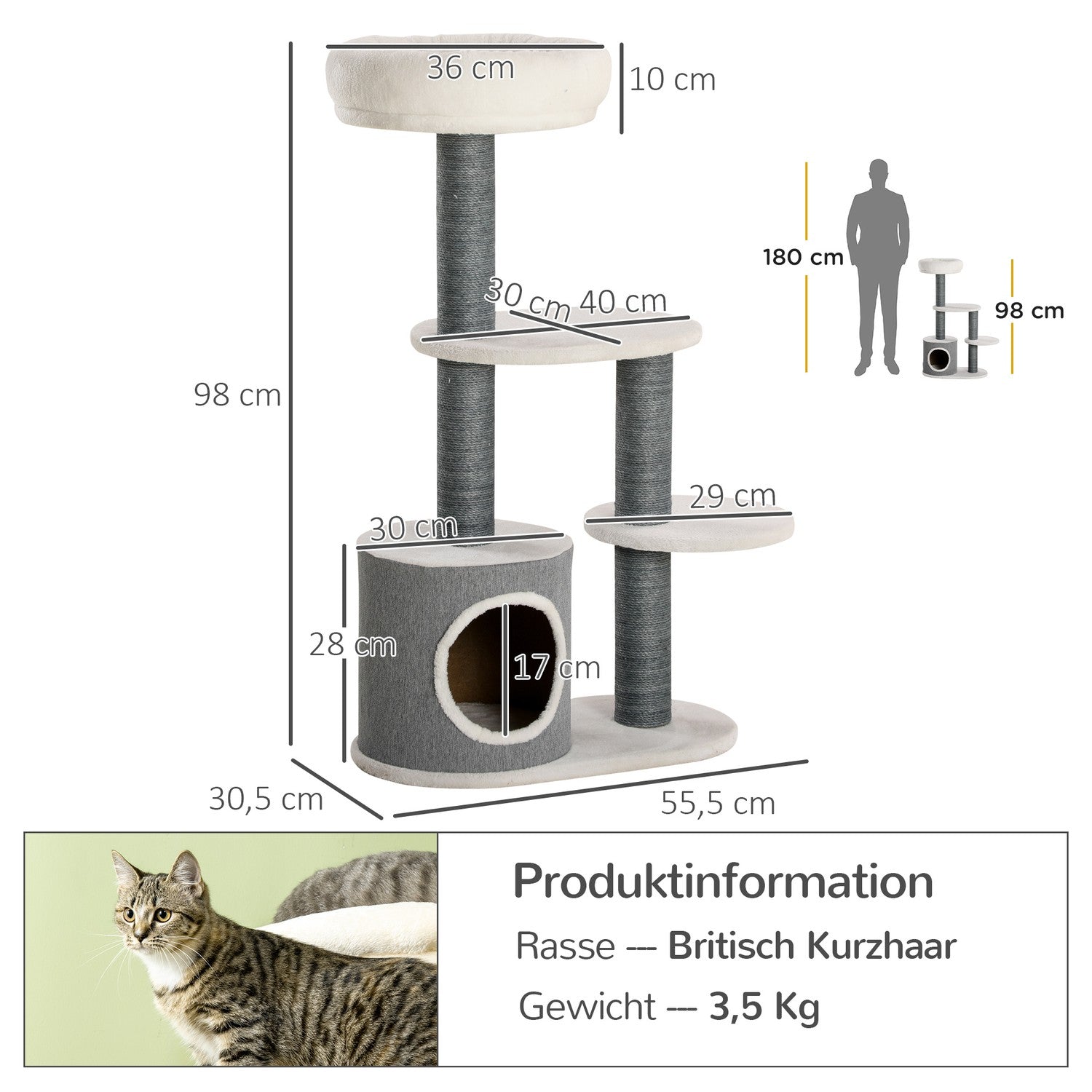 Kattträd med grotta & skrapstolpe, 98cm, grå/vit