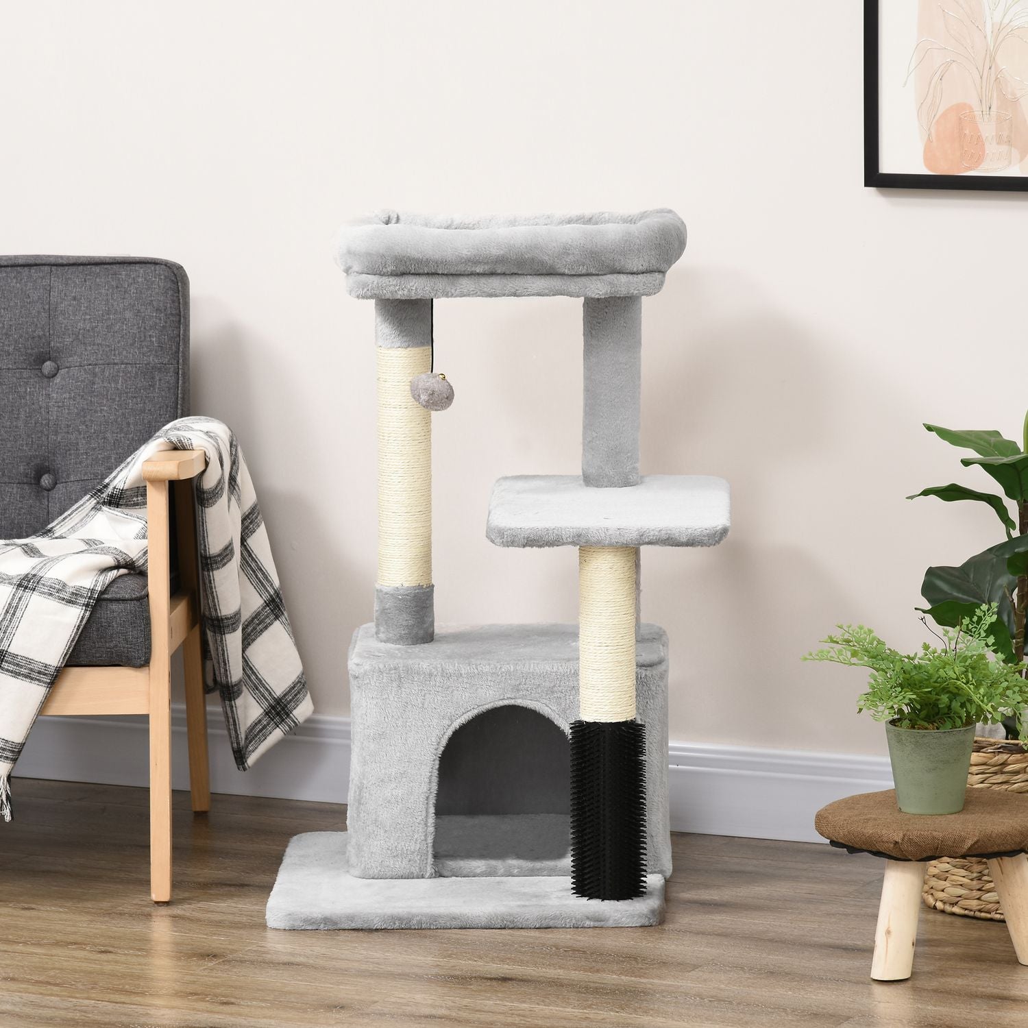 Kattträd med skrabbstänger, kattgrotta & massage, grå