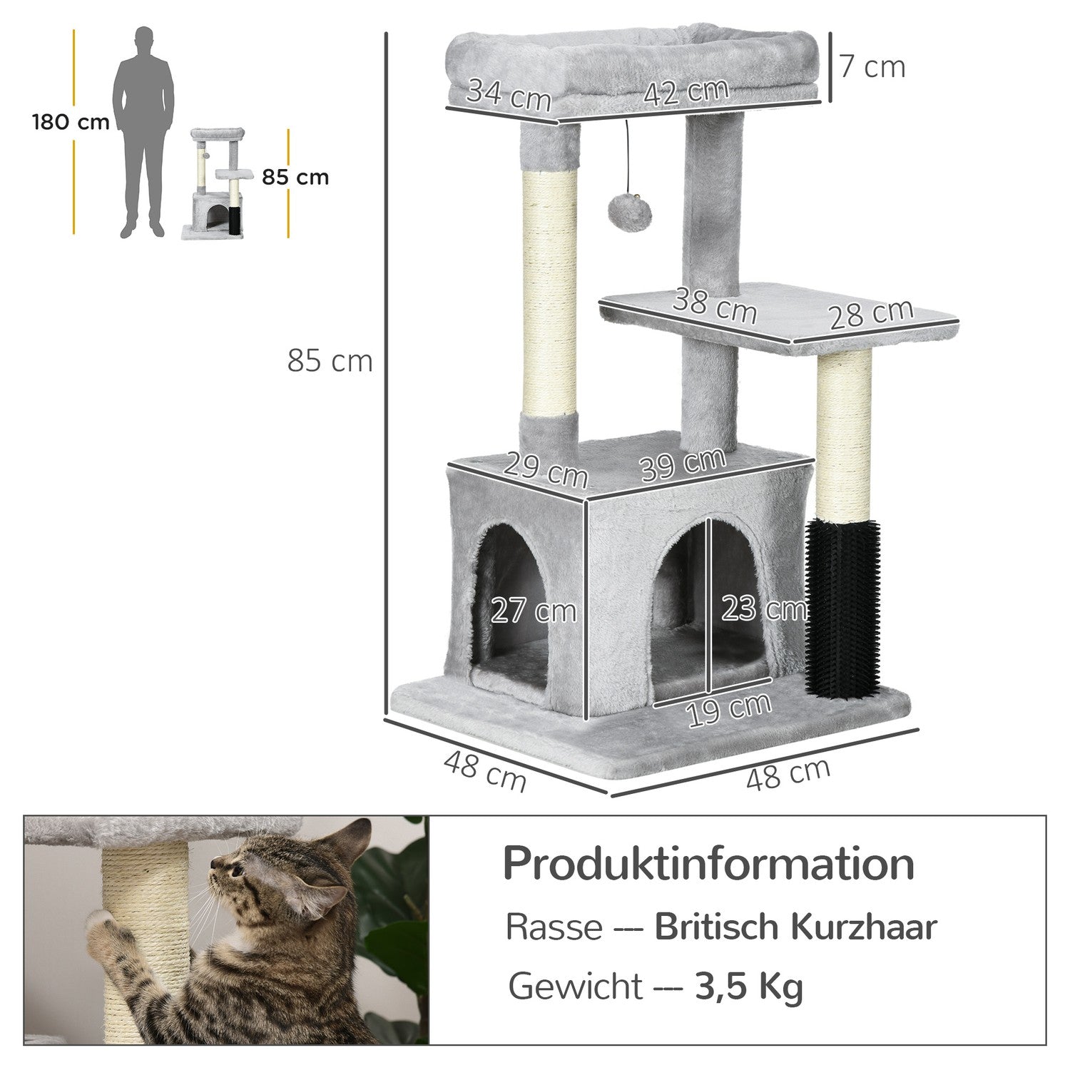 Kattträd med skrabbstänger, kattgrotta & massage, grå