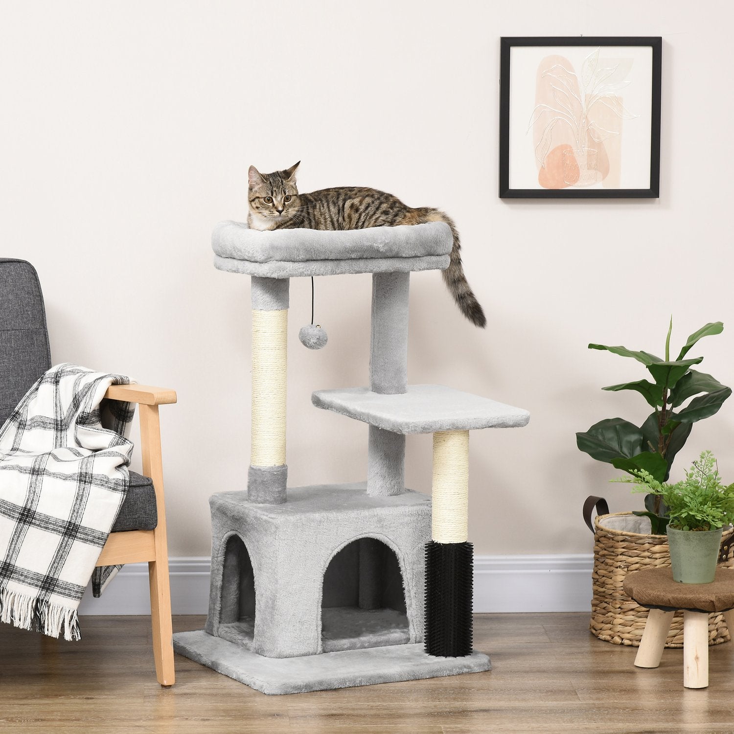 Kattträd med skrabbstänger, kattgrotta & massage, grå