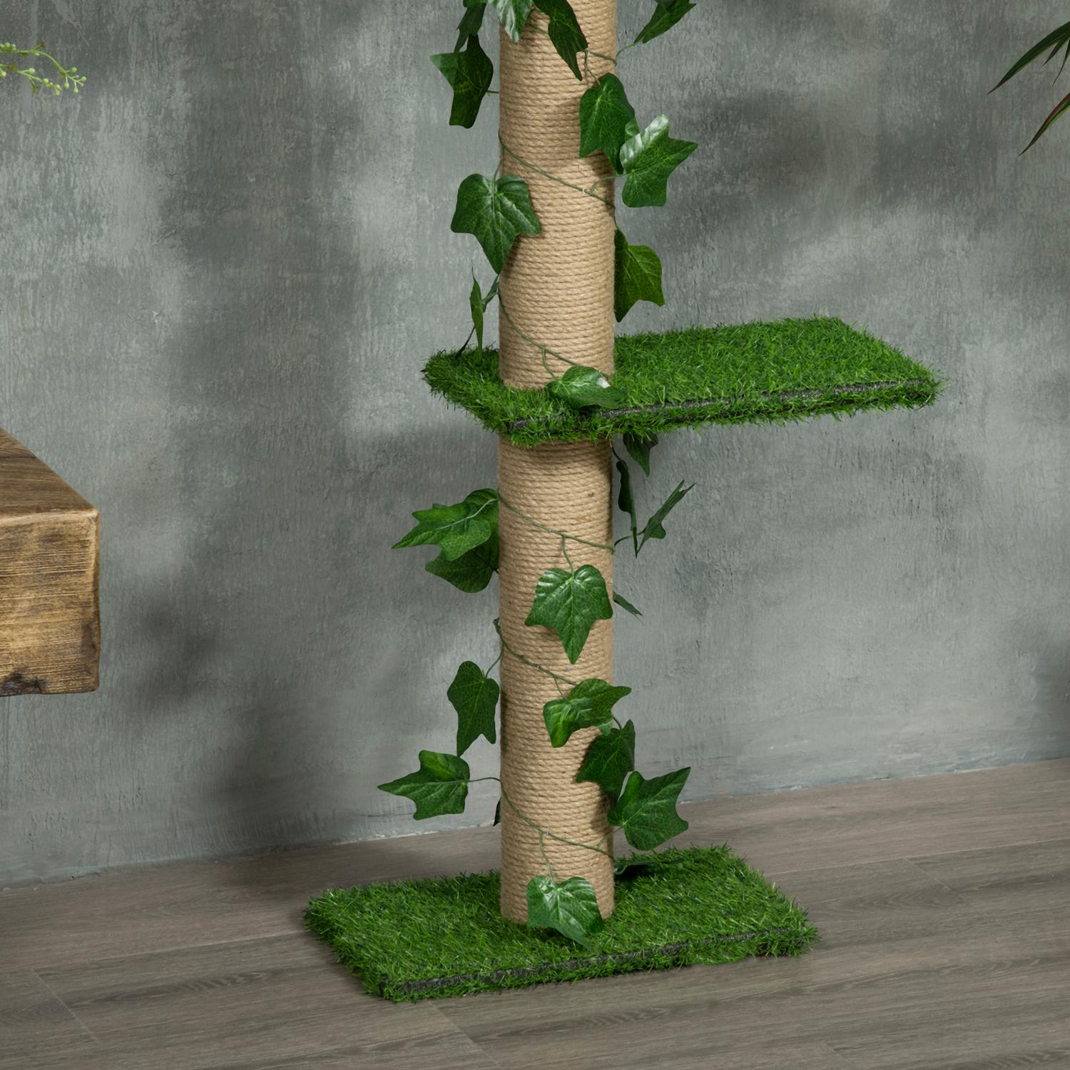 Justerbar jute kattträd, takhöjd 202-242 cm, grön/gul