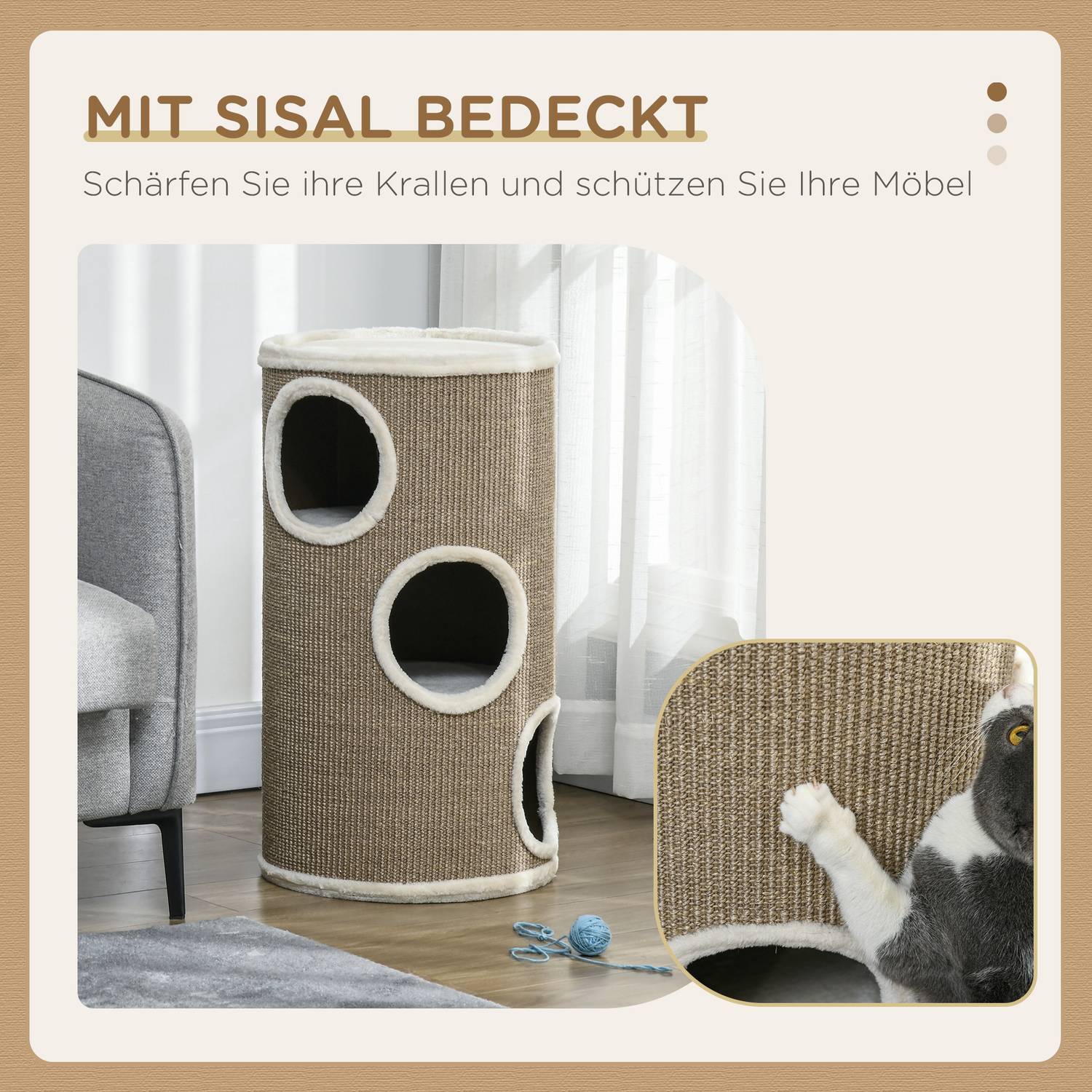 Cat Scratching Tower, 3 nivåer, sisal och plysch, 70 cm