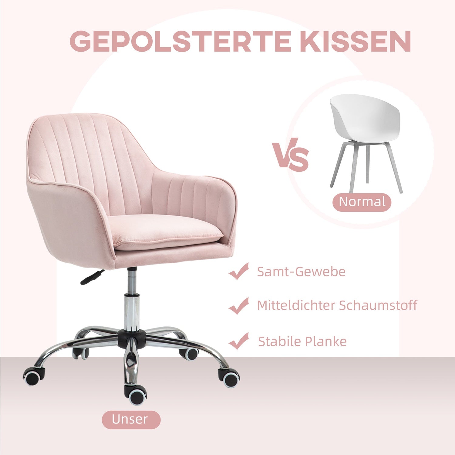 Pink Velvet Office Chair – Justerbar vridbar med armstöd