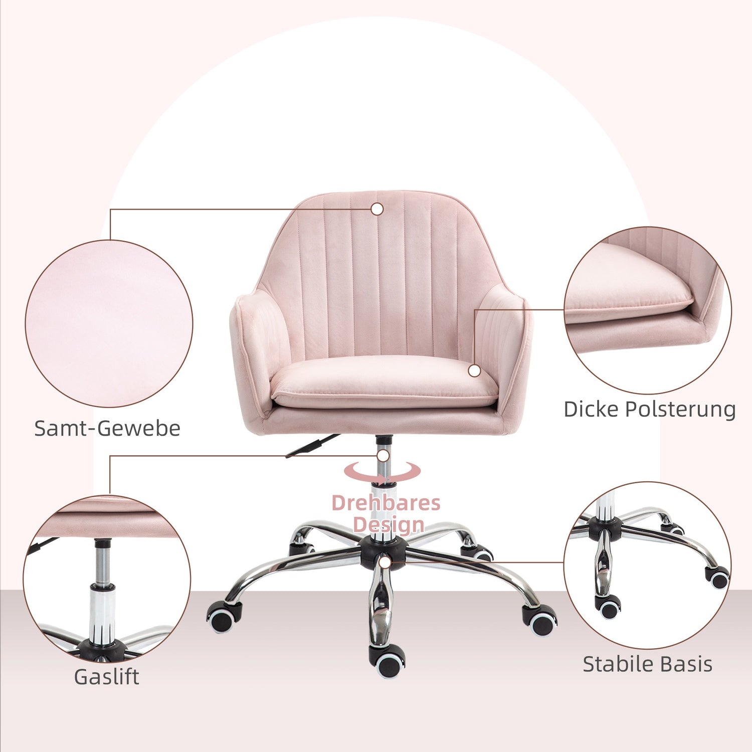 Pink Velvet Office Chair – Justerbar vridbar med armstöd