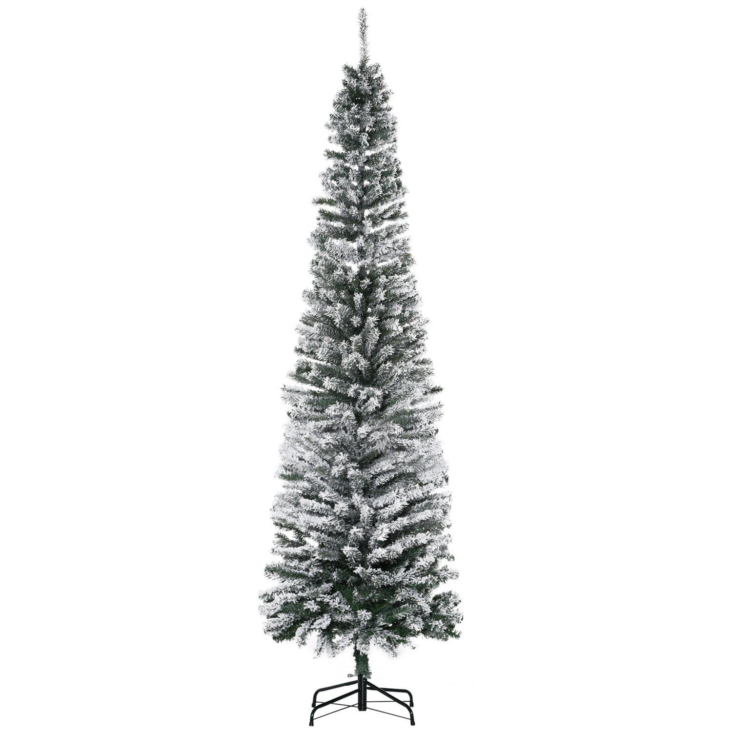 Úzký umělý vánoční stromek se zasněženým povrchem, 225 cm