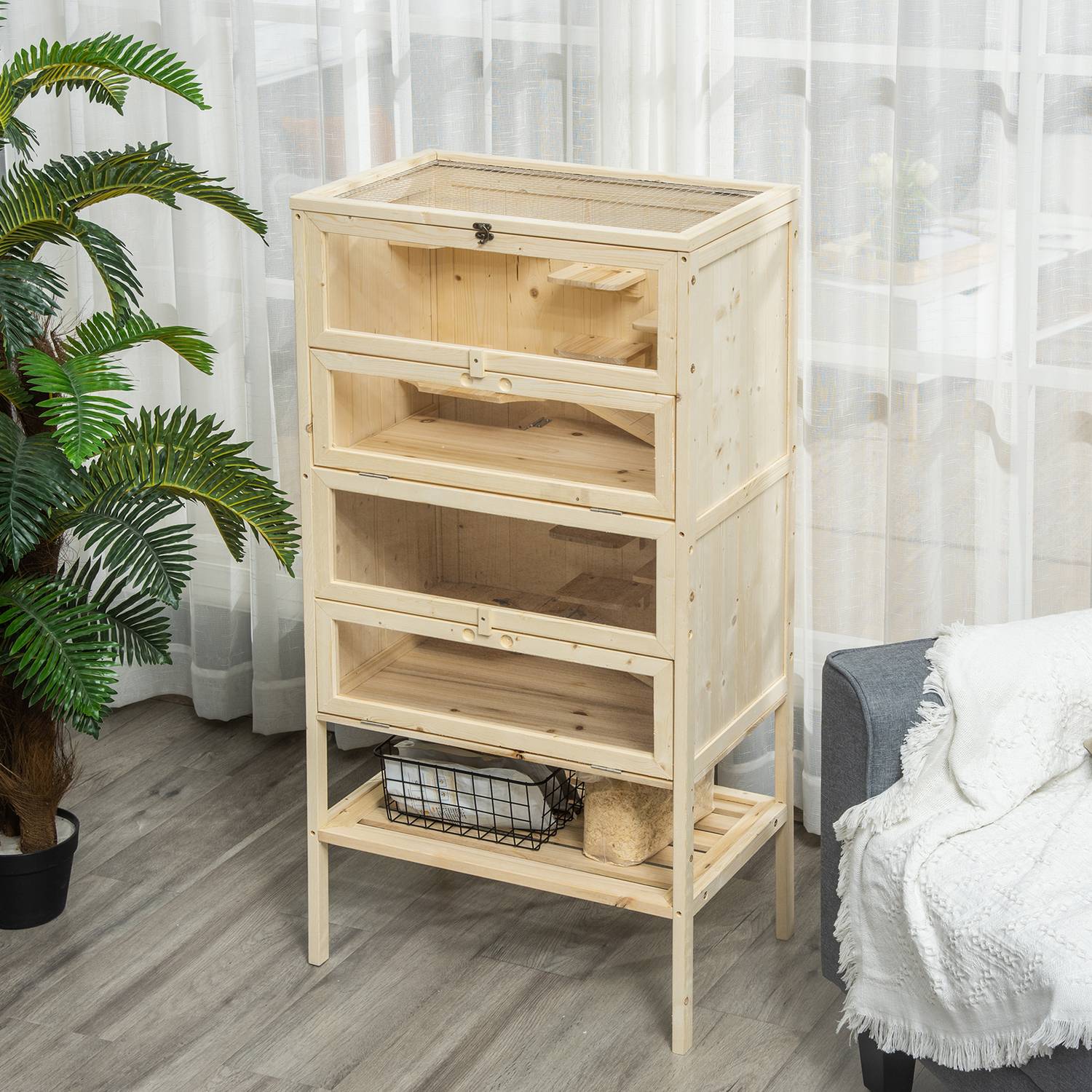 Liten djurbur med nättak; 5-nivå Wood Hutch