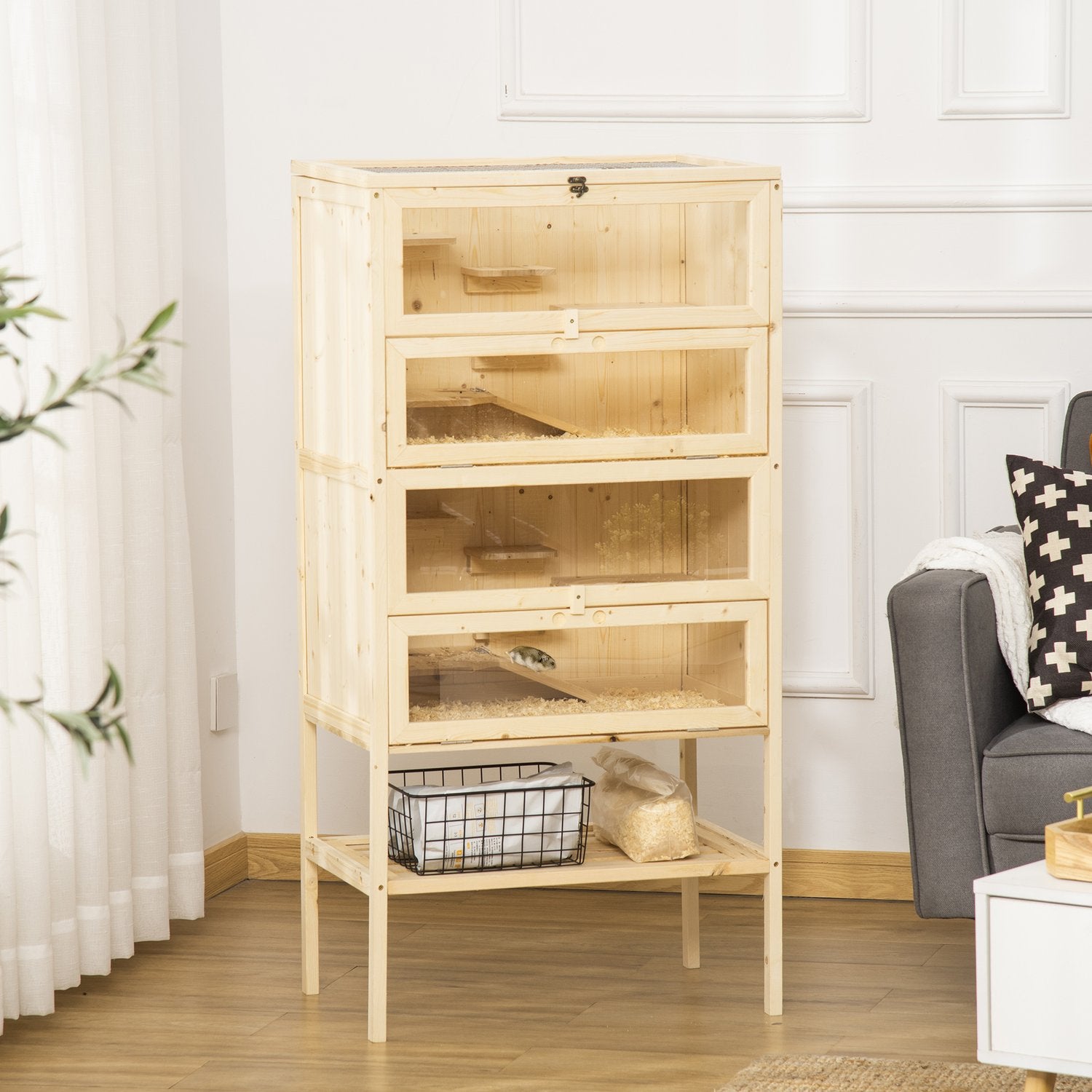 Liten djurbur med nättak; 5-nivå Wood Hutch