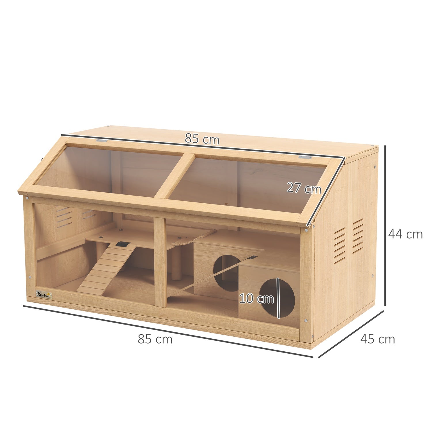 Smådjursbur i trä med bro, stegar, hydda – 84x45x44 cm
