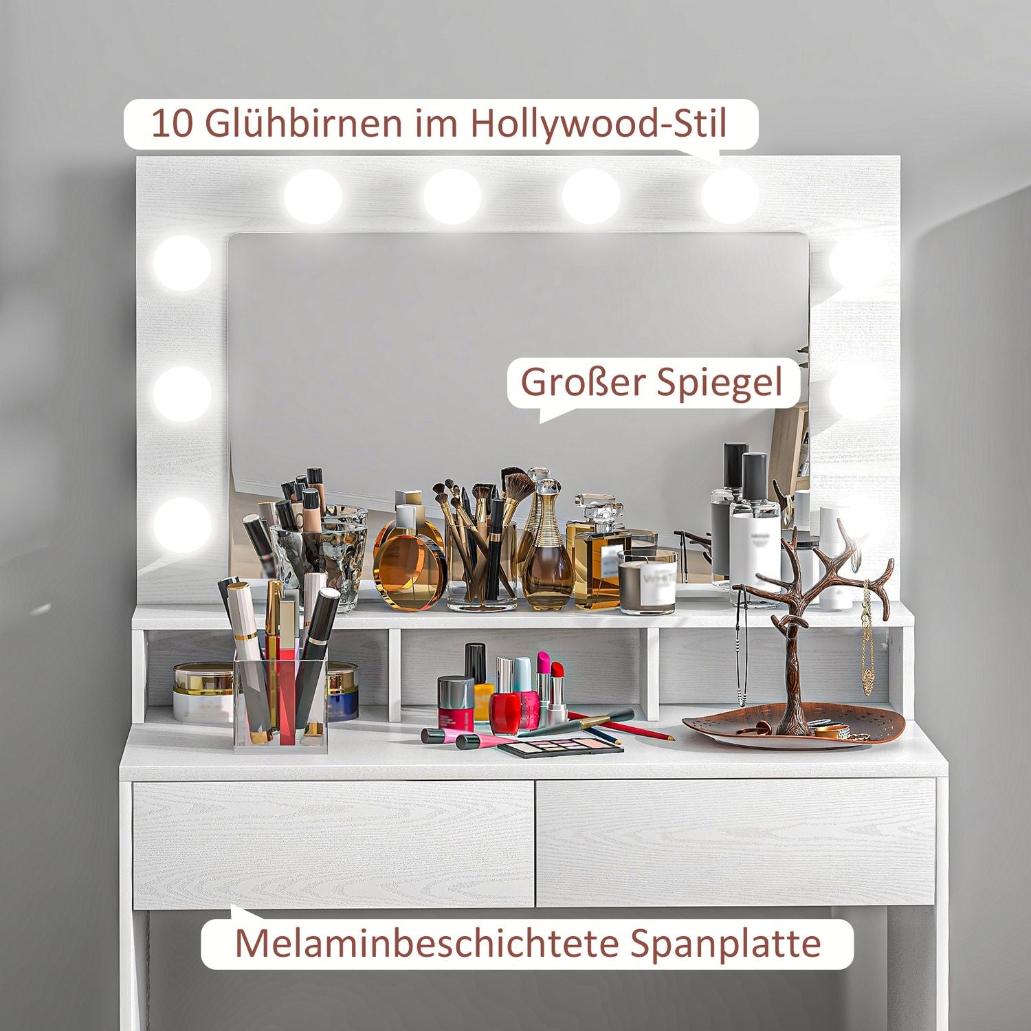 Sminkbord med LED-spegel, justerbar ljusstyrka, vit