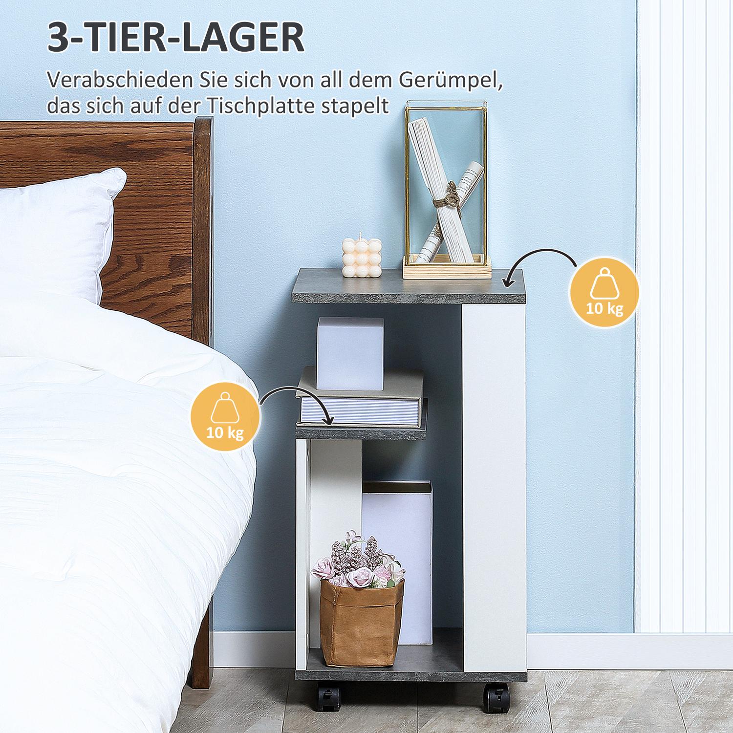 Hjulförsett gråvitt soffbord – Modernt soffbord med 3 hyllplan