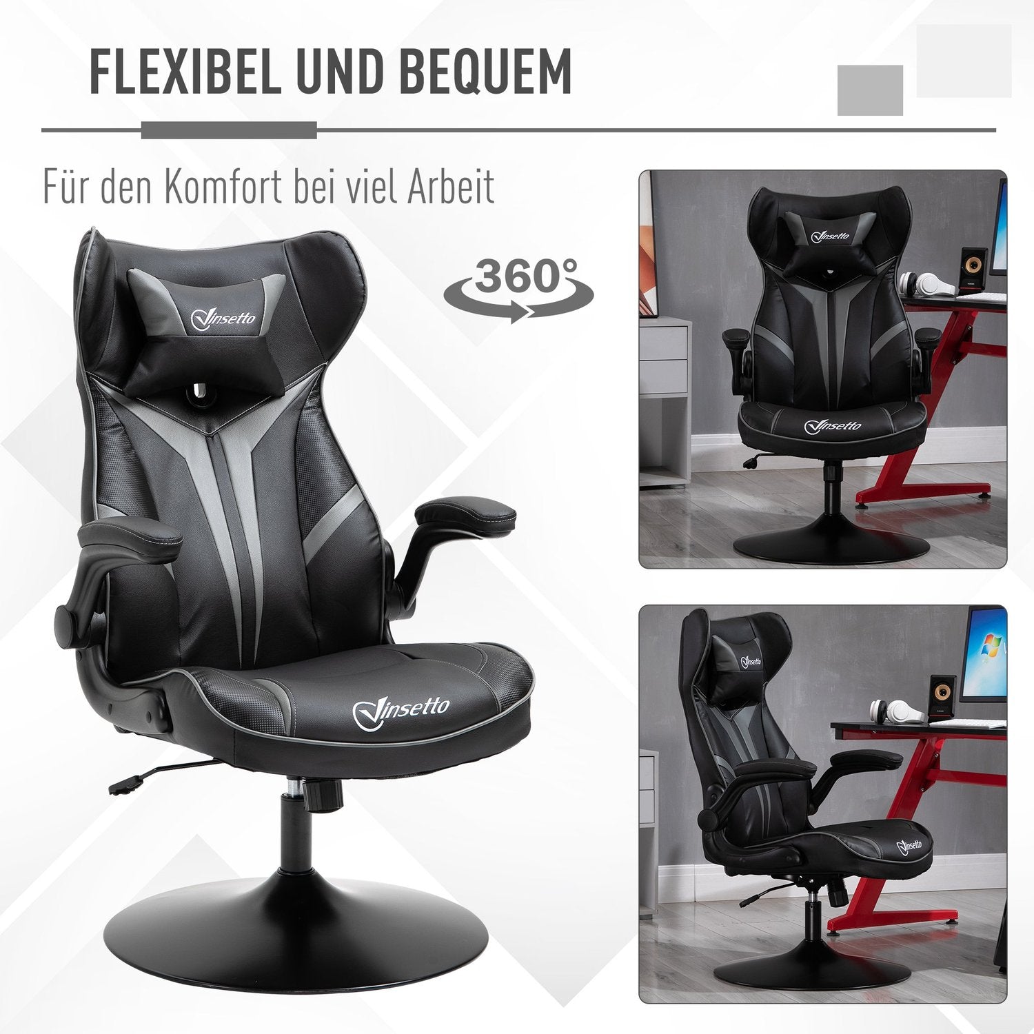 Ergonomisk spelsnurrstol, justerbar höjd, svart/grå