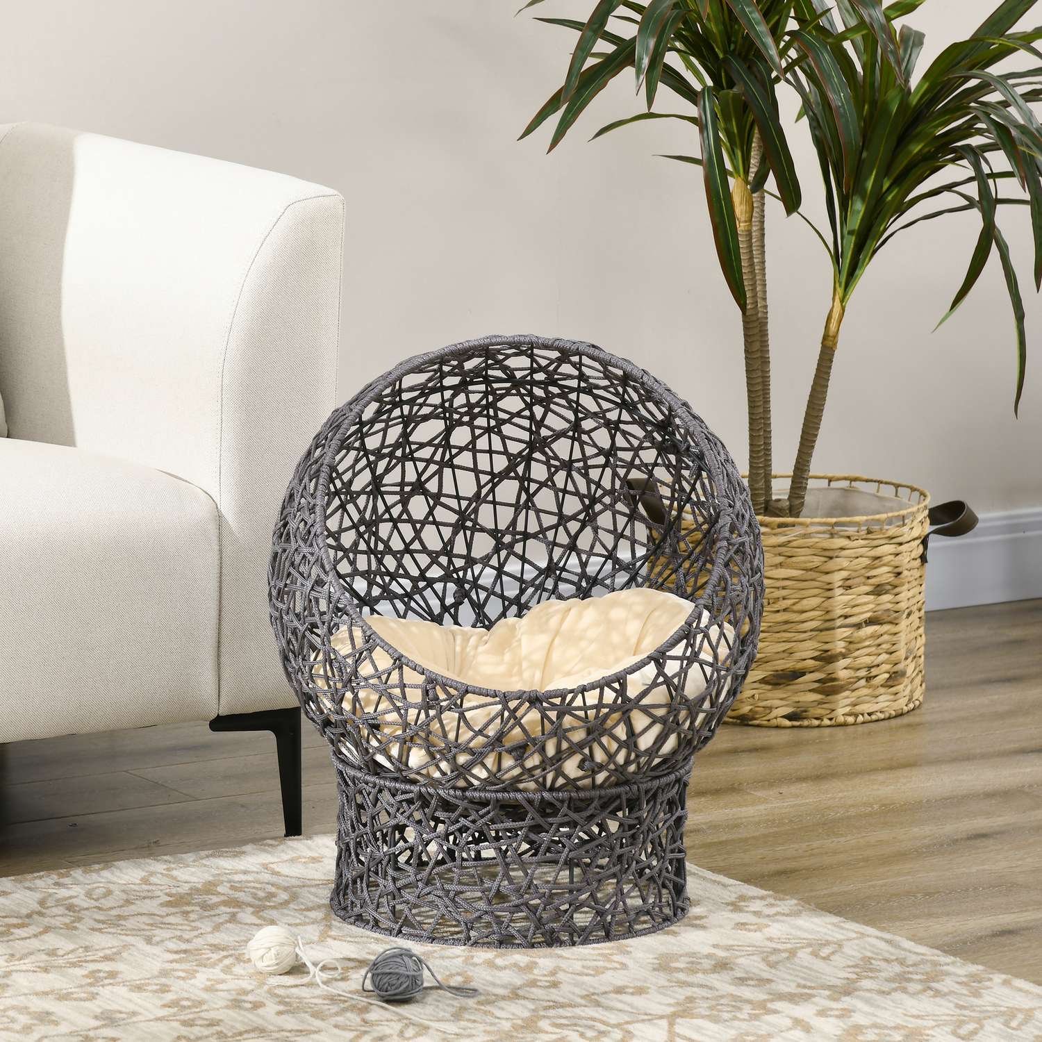 Snygg Cat Bed Cave med Kudde – Lila & Cream Rep