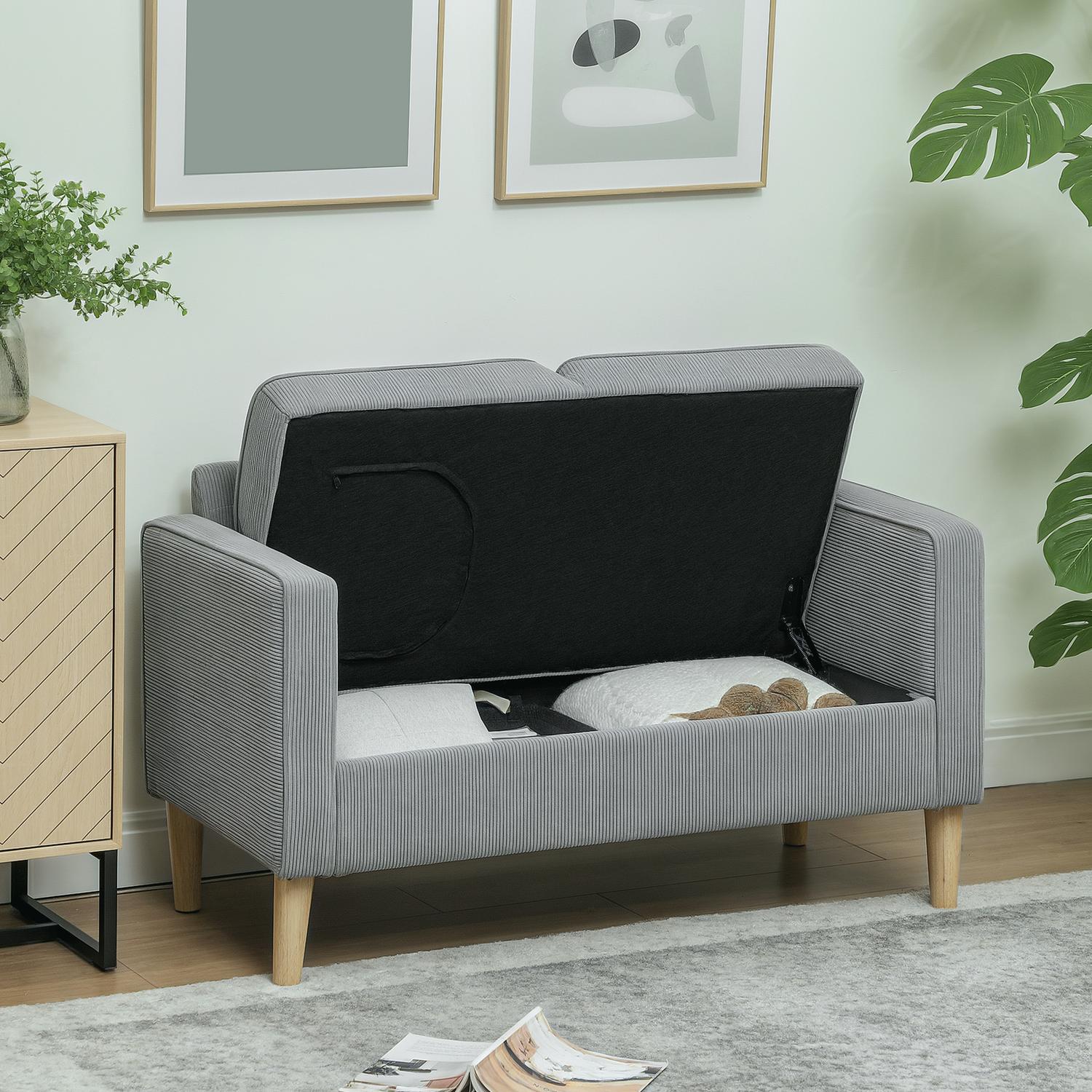 Liten 2-sits soffa med förvaring, manchesterlook, ljusgrå
