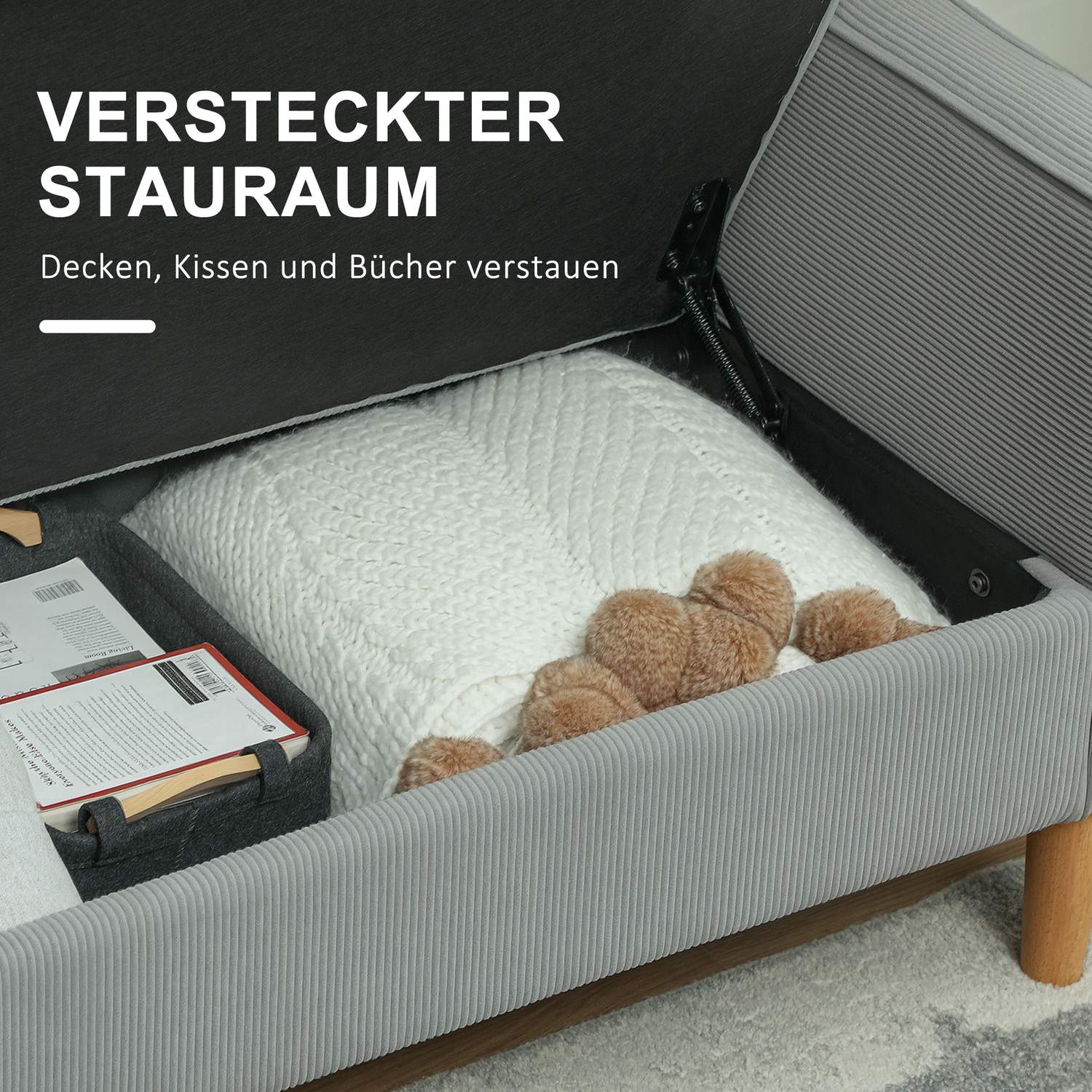 Liten 2-sits soffa med förvaring, manchesterlook, ljusgrå