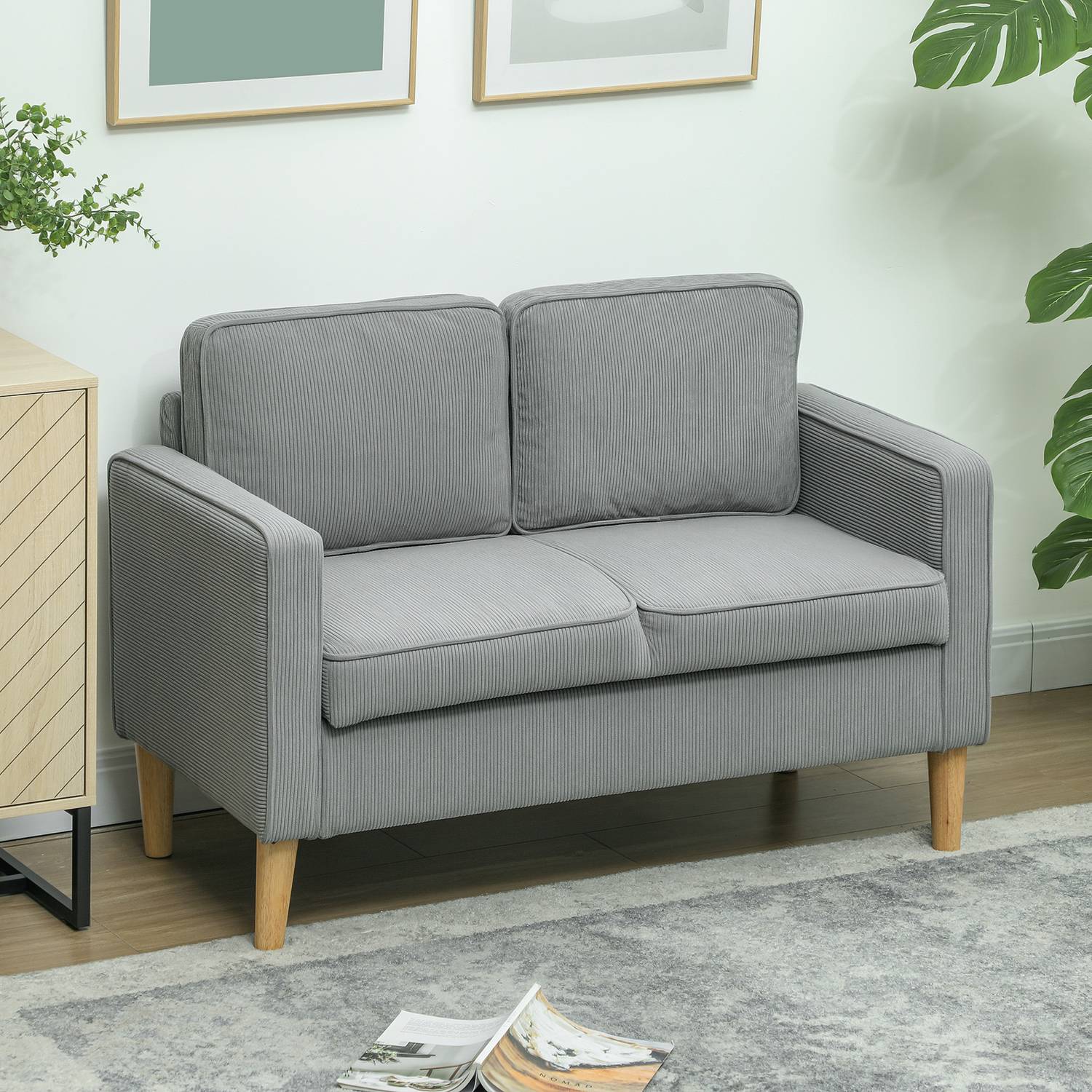 Liten 2-sits soffa med förvaring, manchesterlook, ljusgrå
