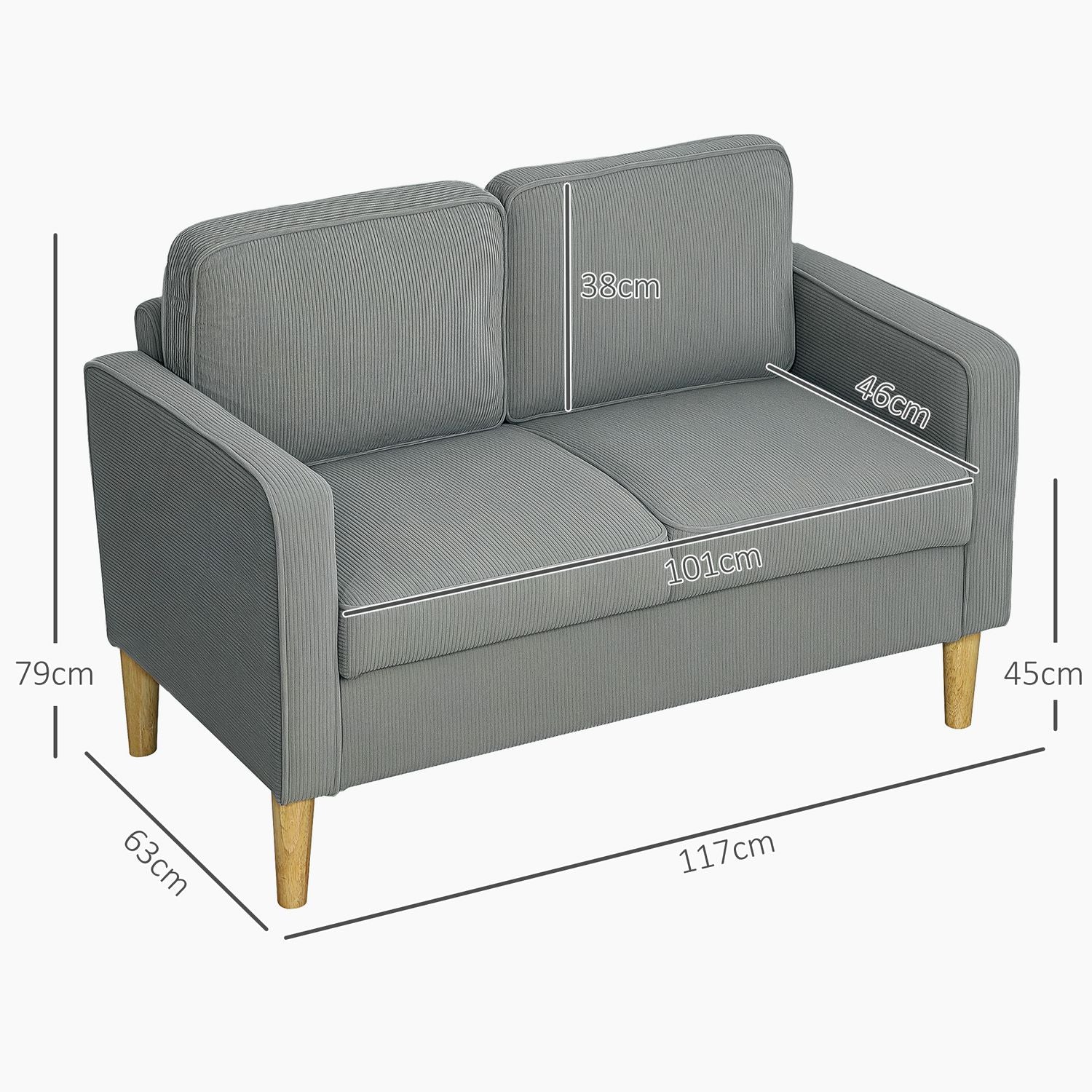 Liten 2-sits soffa med förvaring, manchesterlook, ljusgrå