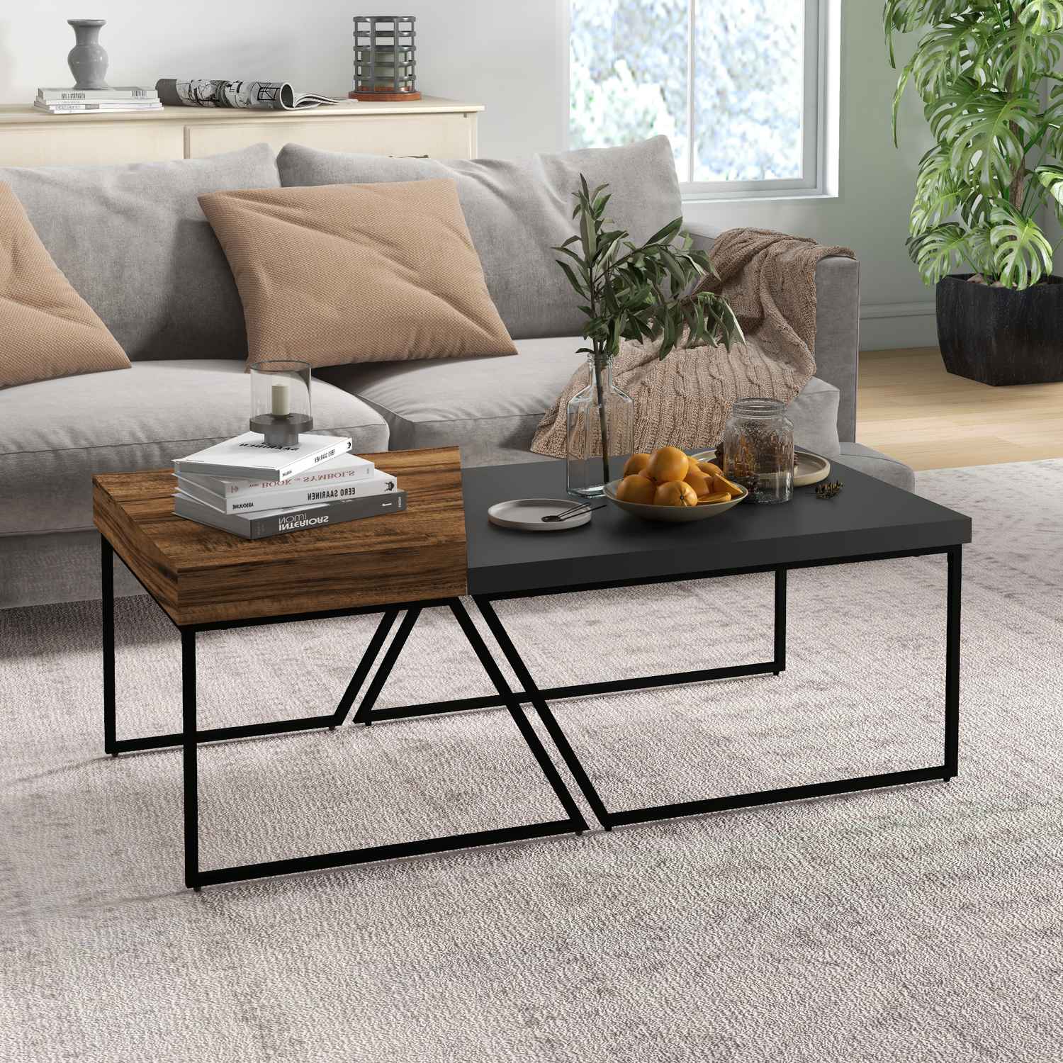 Sidobord i industriellt stål – geometrisk design, svart
