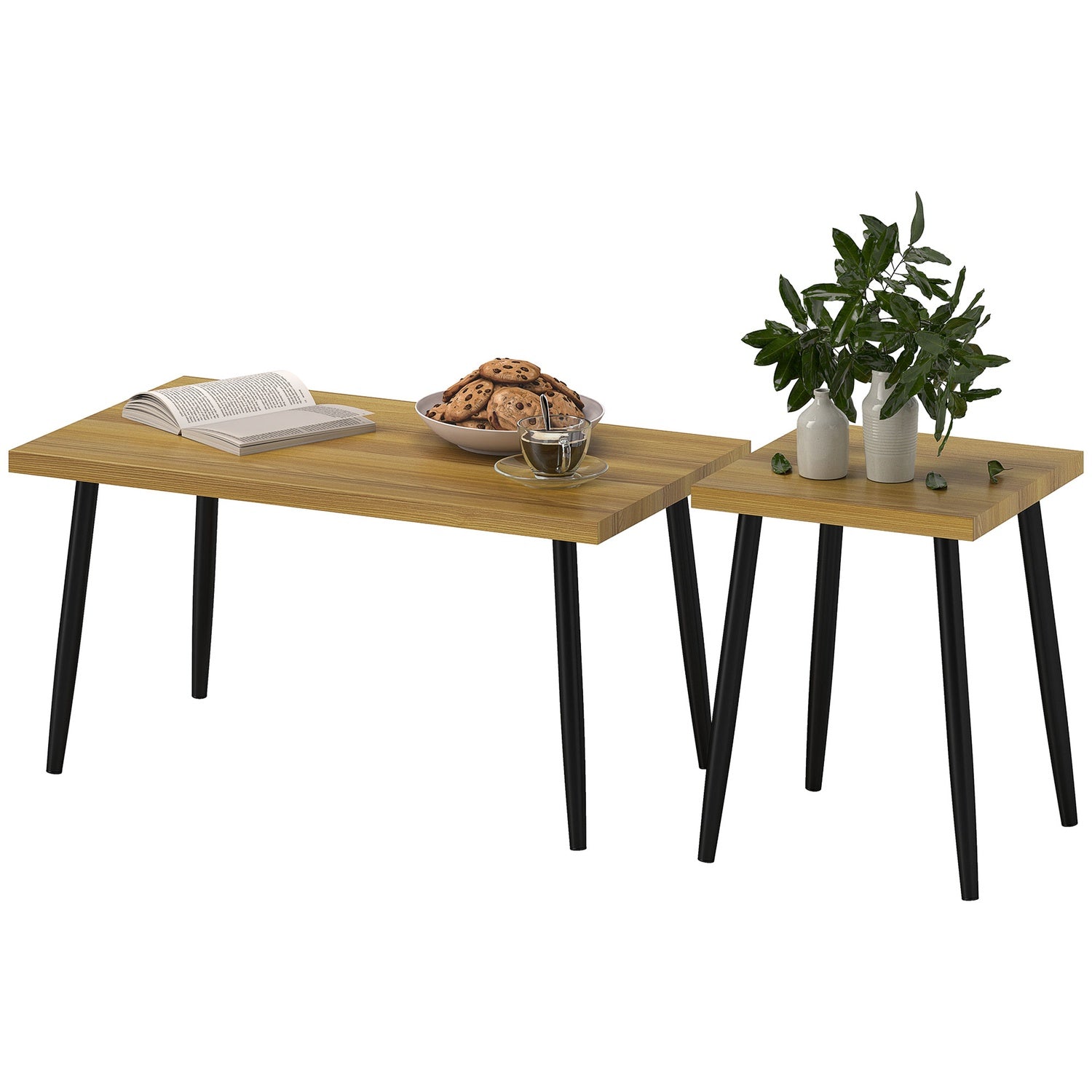 Set med 2 soffbord med stålstomme – Naturlig träfinish