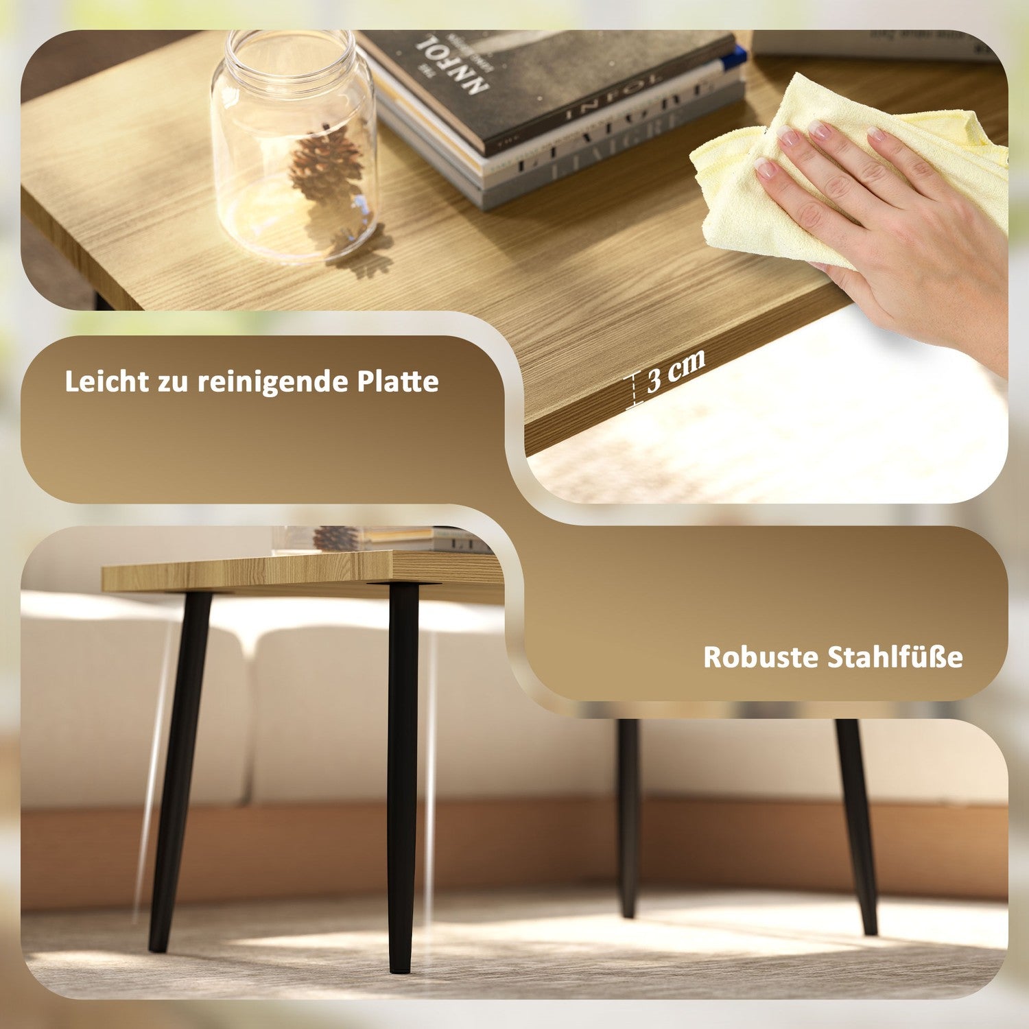 Set med 2 soffbord med stålstomme – Naturlig träfinish