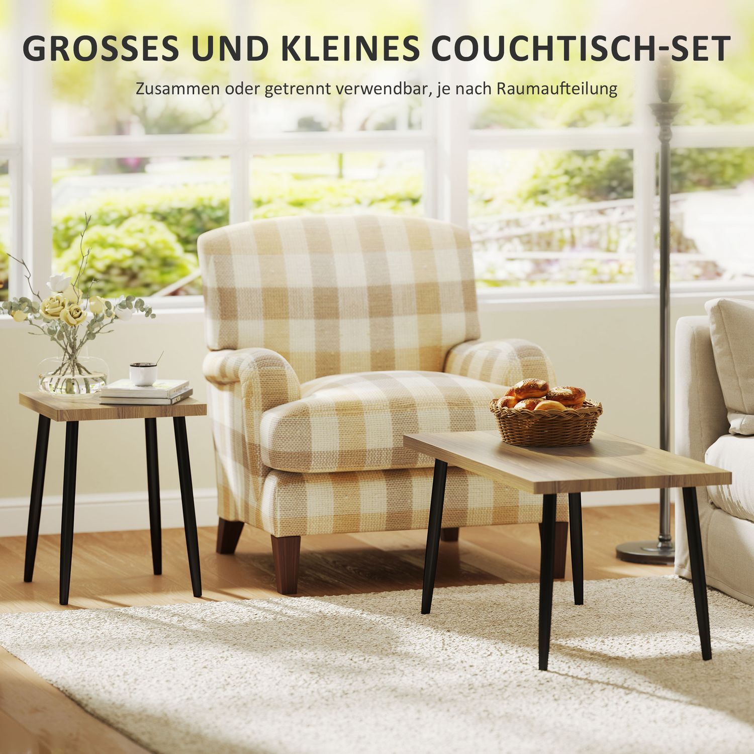 Set med 2 soffbord med stålstomme – Naturlig träfinish