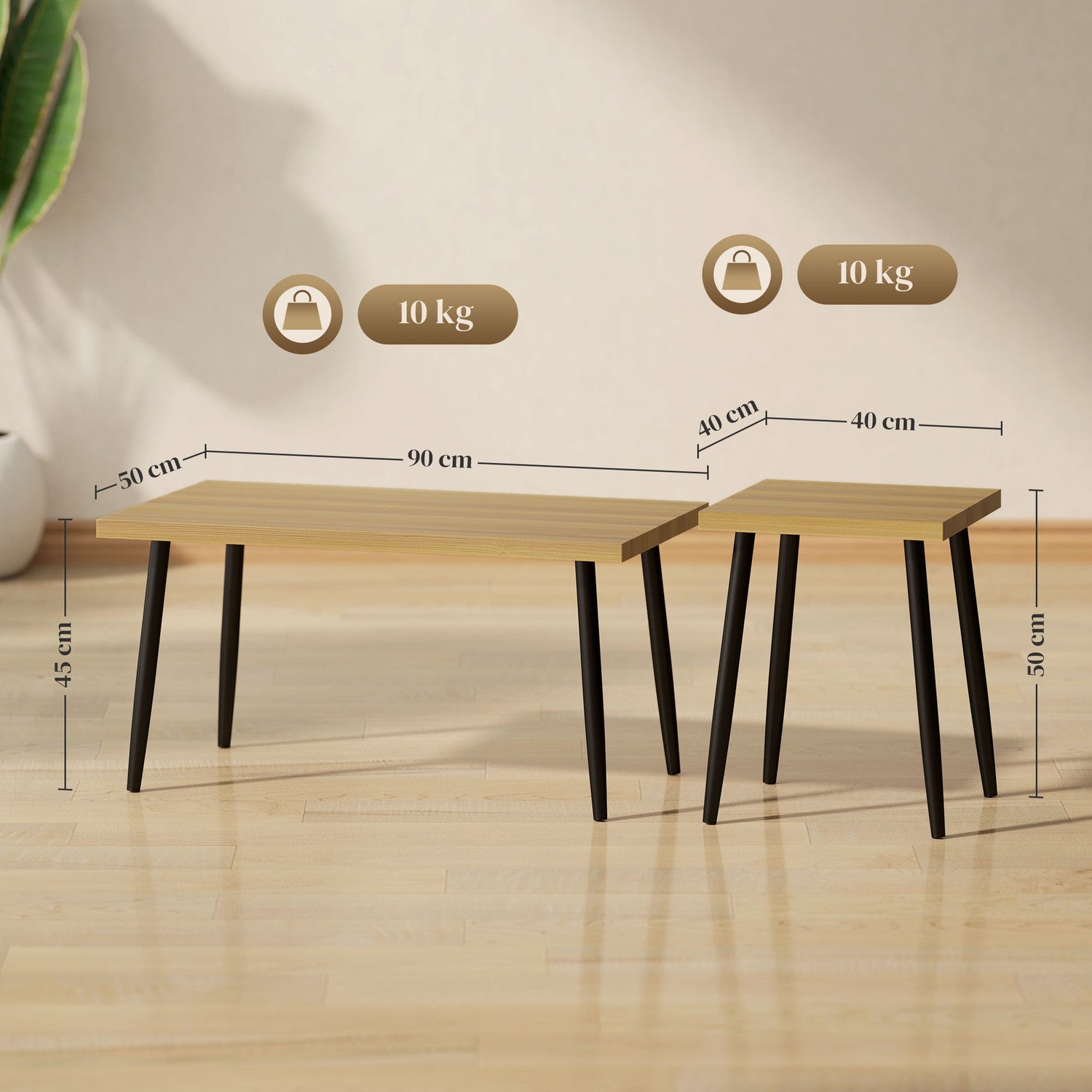 Set med 2 soffbord med stålstomme – Naturlig träfinish