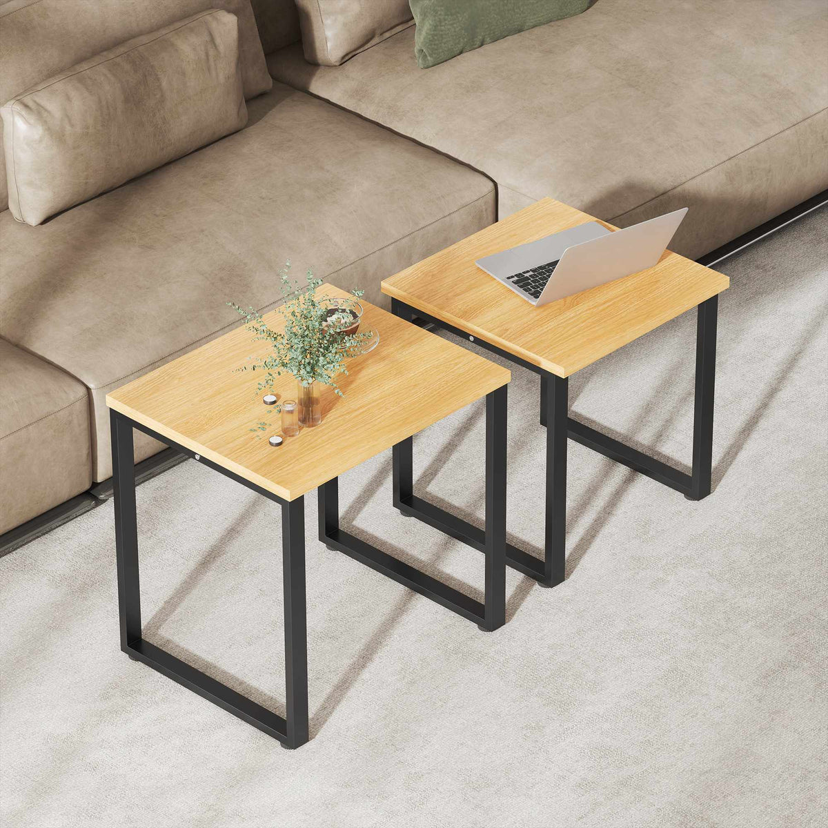 Soffbordsset om 2, träliknande, metallram, stapelbar design