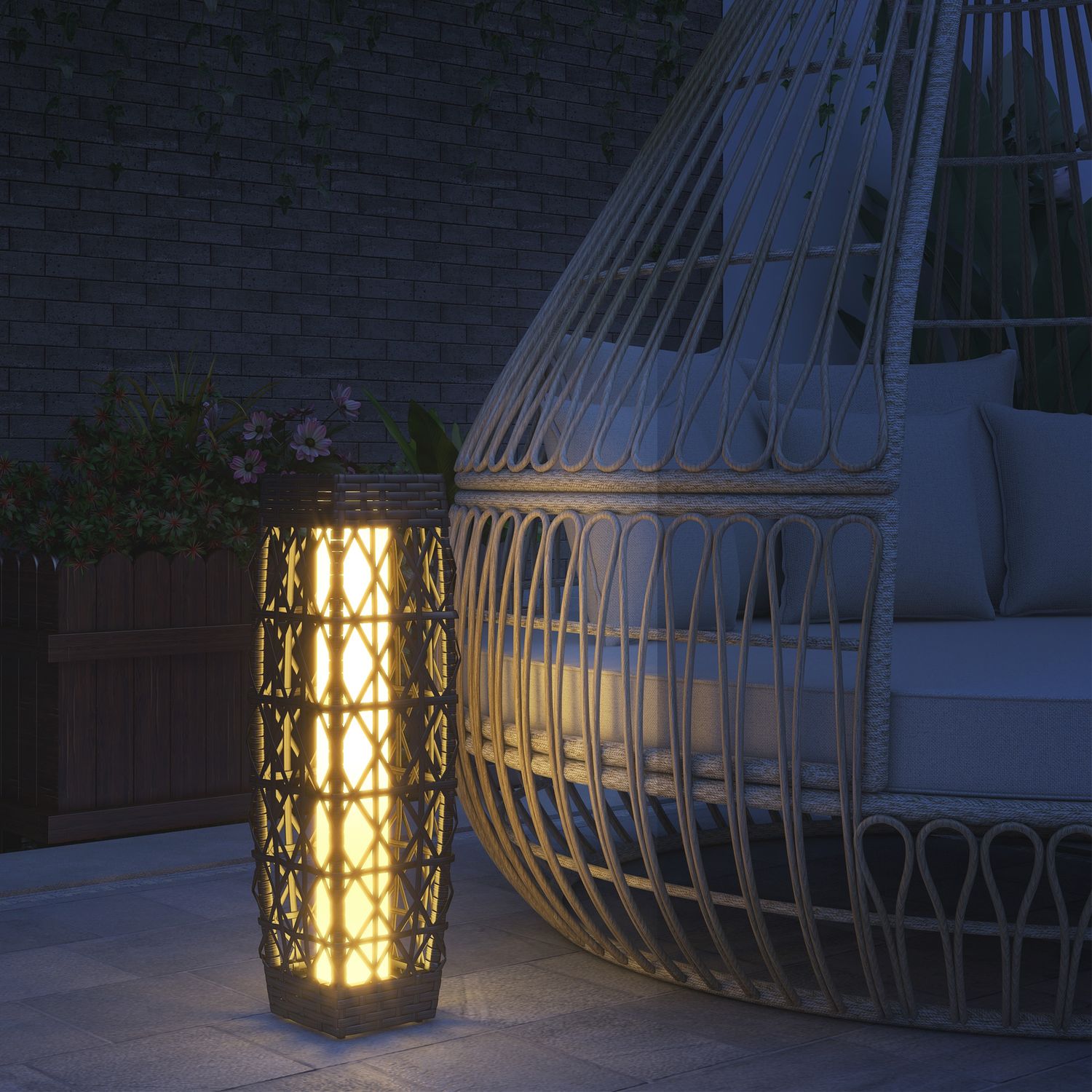 Solar LED trädgårdslampa med rotting & ljussensor, grå