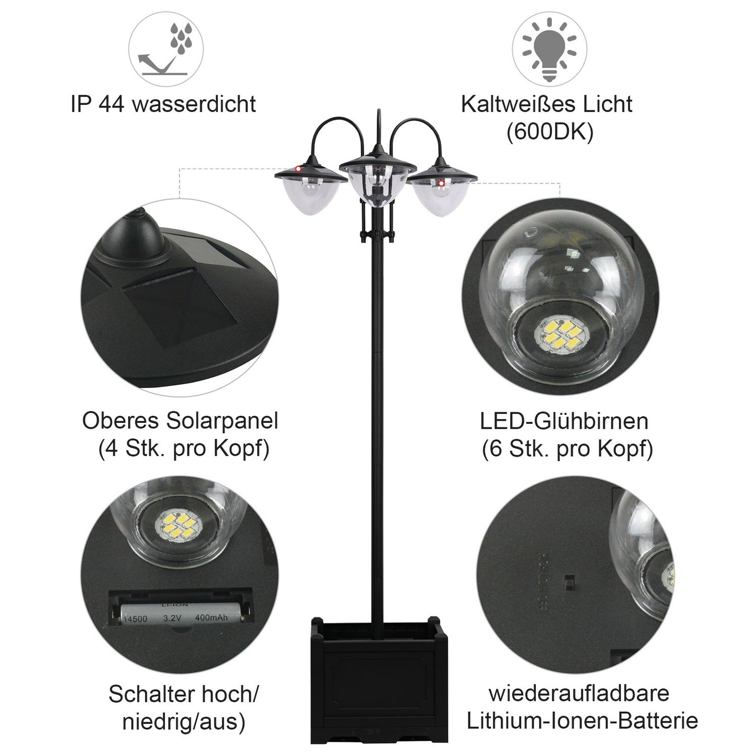 Solar Garden Light, 3-head lampa med blomkruka bas