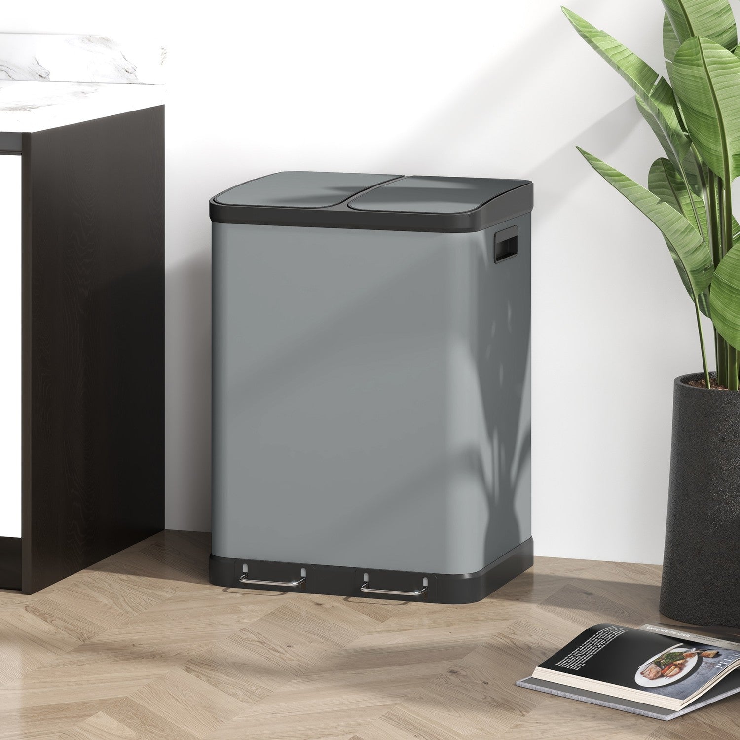 Dubbla 30L pedalbehållare - metall, innerbehållare, lock