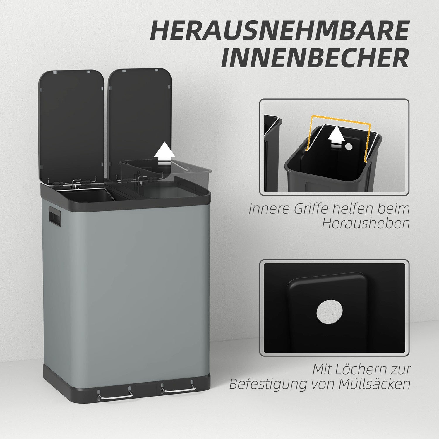 Dubbla 30L pedalbehållare - metall, innerbehållare, lock