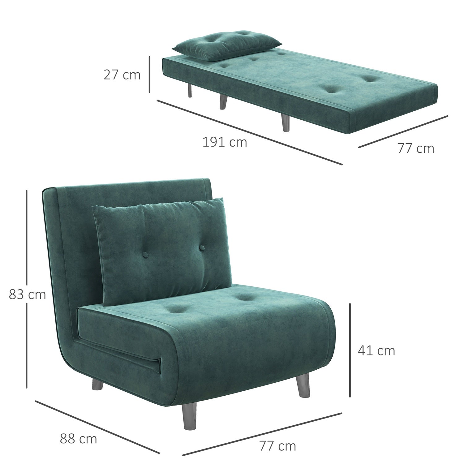 Hopfällbar soffa Stolsäng med kuddar, sammetslook, grön