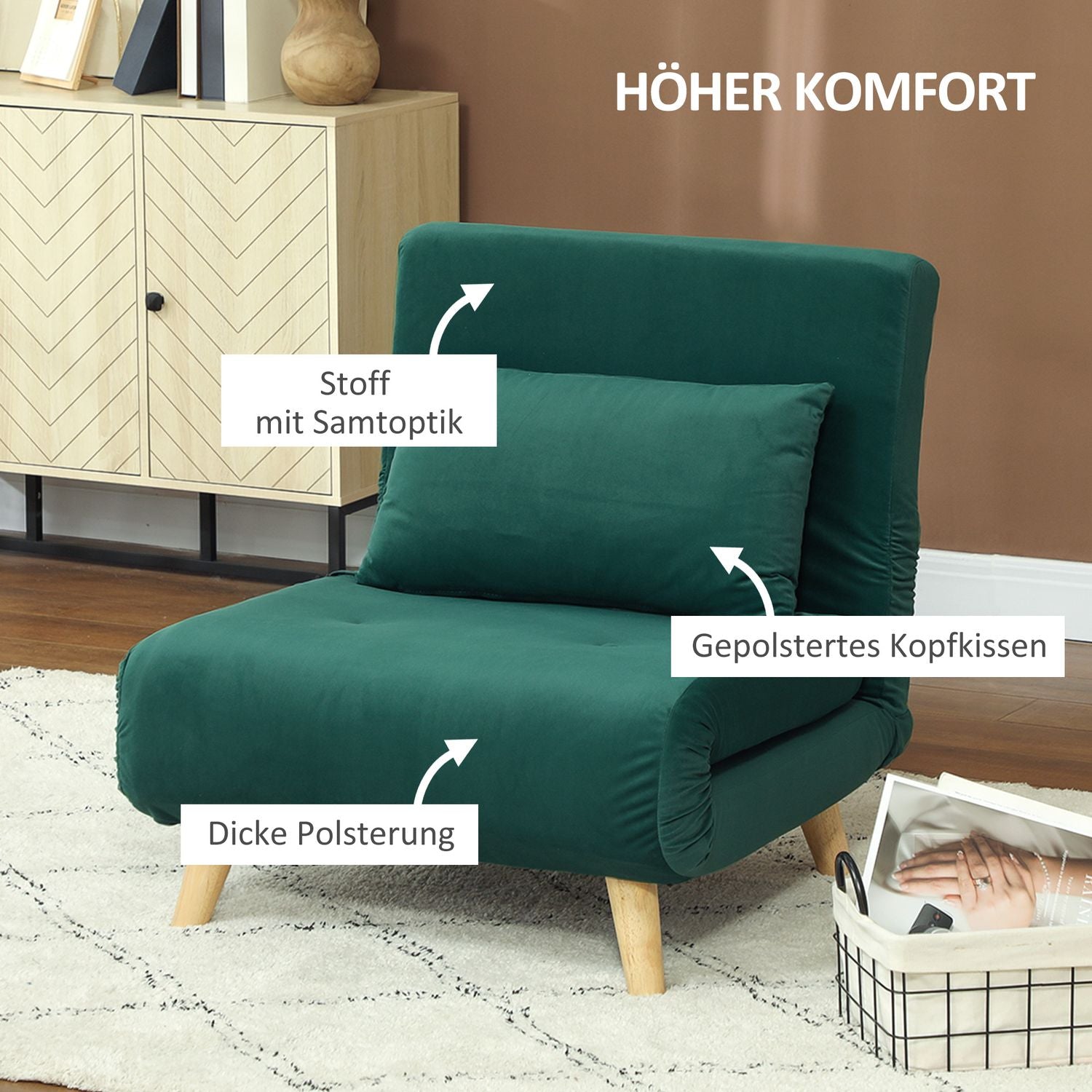 Fällbar Velvet Look Relax-stol med justerbart ryggstöd