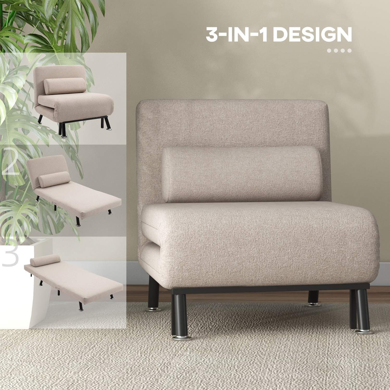 Fällbar sovstol, justerbart linne, beige, 150 kg kapacitet