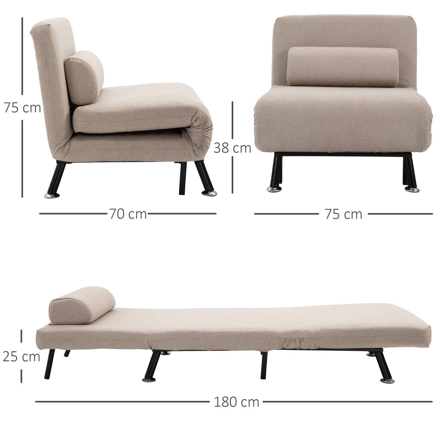 Fällbar sovstol, justerbart linne, beige, 150 kg kapacitet