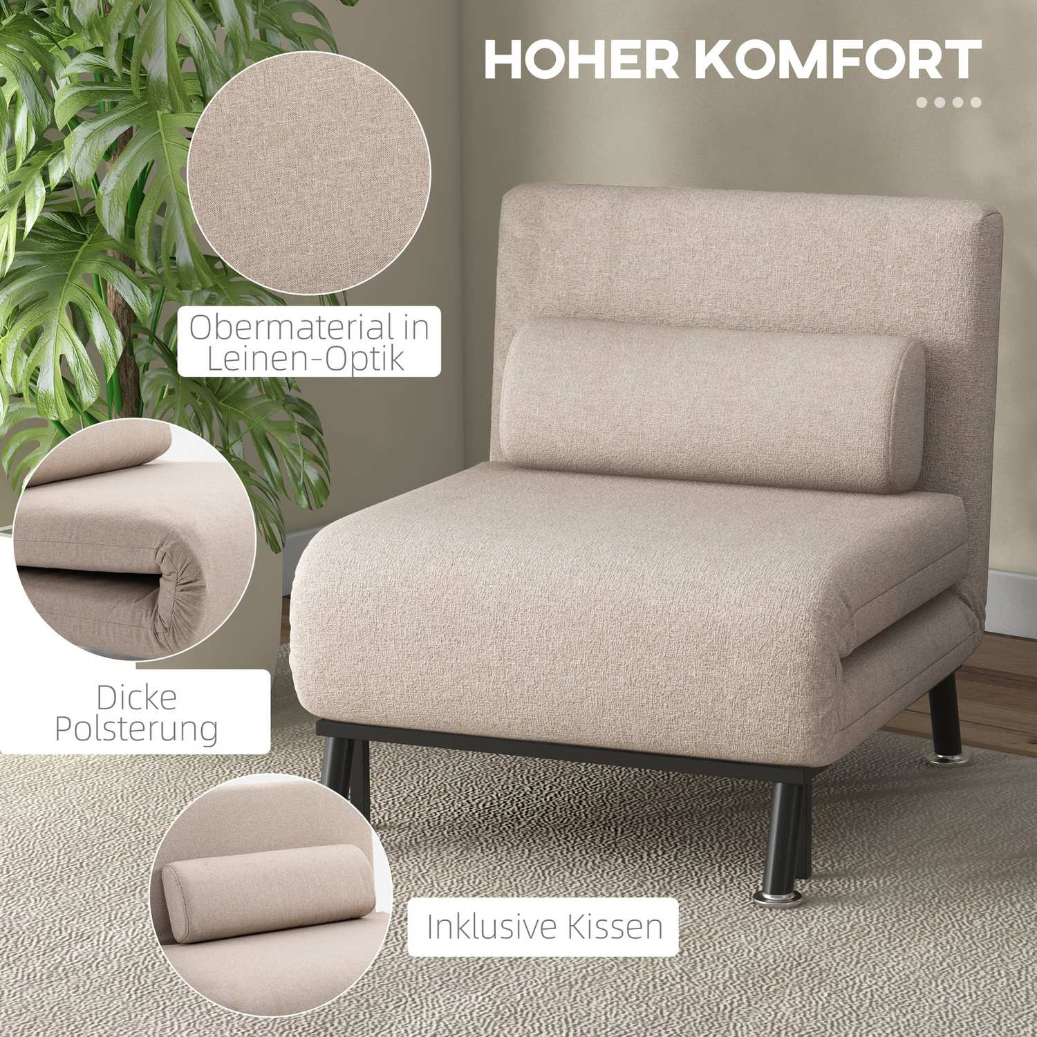 Fällbar sovstol, justerbart linne, beige, 150 kg kapacitet